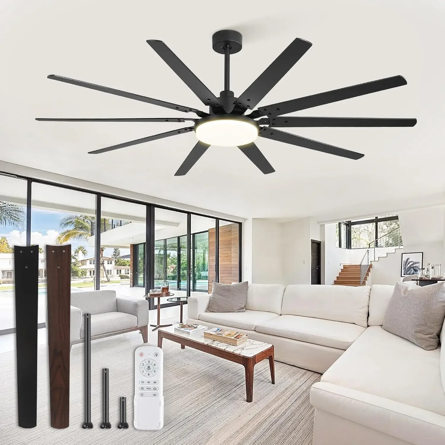 72 Zoll große Deckenventilatoren mit Beleuchtung und Fernbedienung, schwarzer Deckenventilator für den Außenbereich mit 10 Flügeln, 32 W LED-Leuchte