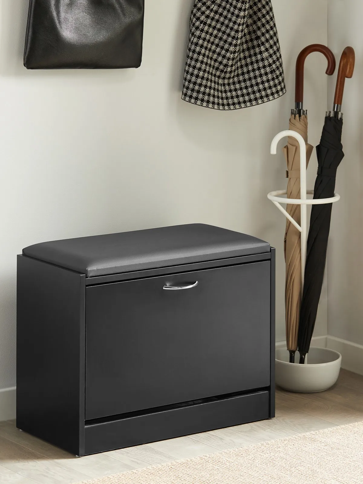 SoBuy FSR16-SCH Schuhbank schmal mit Sitzfläche & Stauraum – Sitzbank mit Klappe & Schuhregal platzsparend für Flur & Eingang – Schwarz, 60x47x30 cm, bis 120 kg