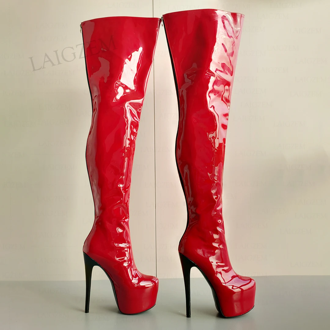 BERZIMER Frauen Oberschenkel Hohe Stiefel Plattform Glänzende Zurück Zip Up High Heels Über Knie Stiefel Damen Schuhe Frau Große Größe 41 43, 46 50 52