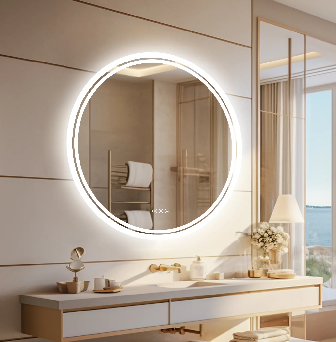 60/80 cm runder LED-Badezimmerspiegel, an der Wand montierter beleuchteter Kosmetikspiegel, 3 Farben, Helligkeit, Touch-Funktion, beschlagfrei, bruchsicher