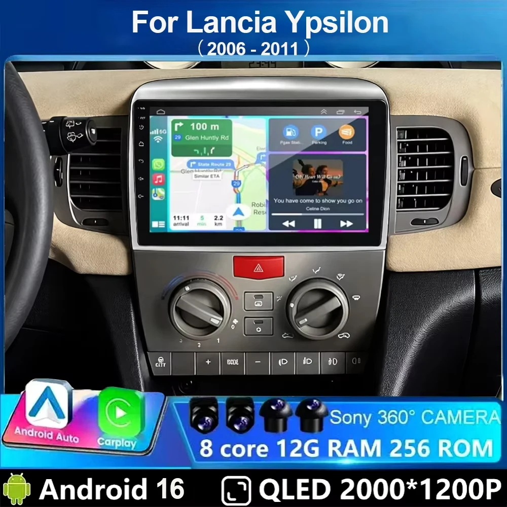 Android 16 Auto-Videoplayer für Lancia Ypsilon 2006 - 2011 Autoradio GPS Carplay Auto-Touchscreen Wifi Carplay BT GPS Navi