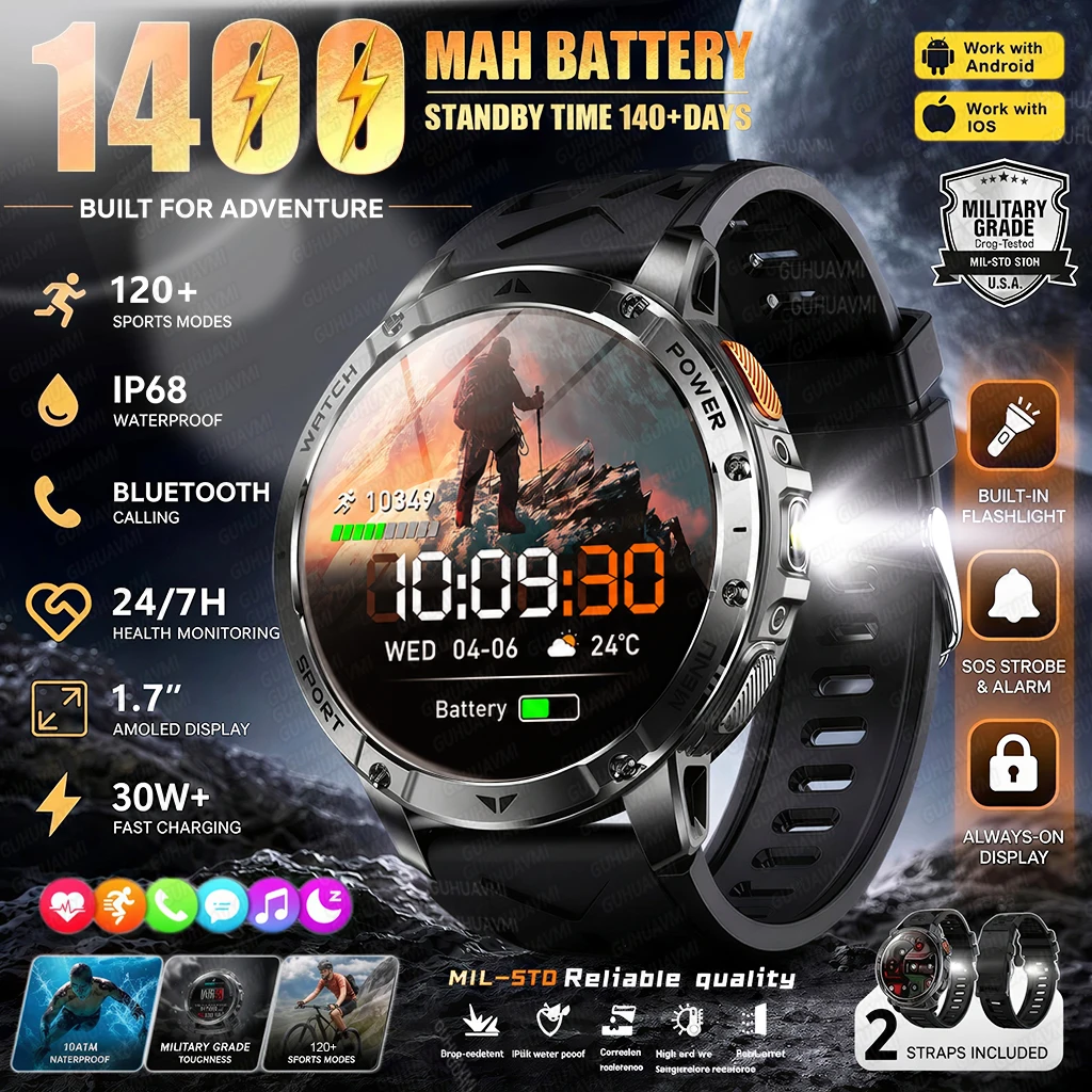 2026 Neue TANK 1400mAh Akku Smartwatch für Herren IP69 Wasserdicht Herzfrequenzmessung LED-Taschenlampe Bluetooth-Anruf Sport Outdoor Smartwatch