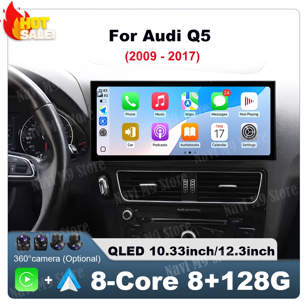Android 14 Auto Multimedia Stereo Für Audi Q5 2009-2017 Drahtlose CarPlay GPS Navi GPS Radio Player Bluetooth QLED touchscreen