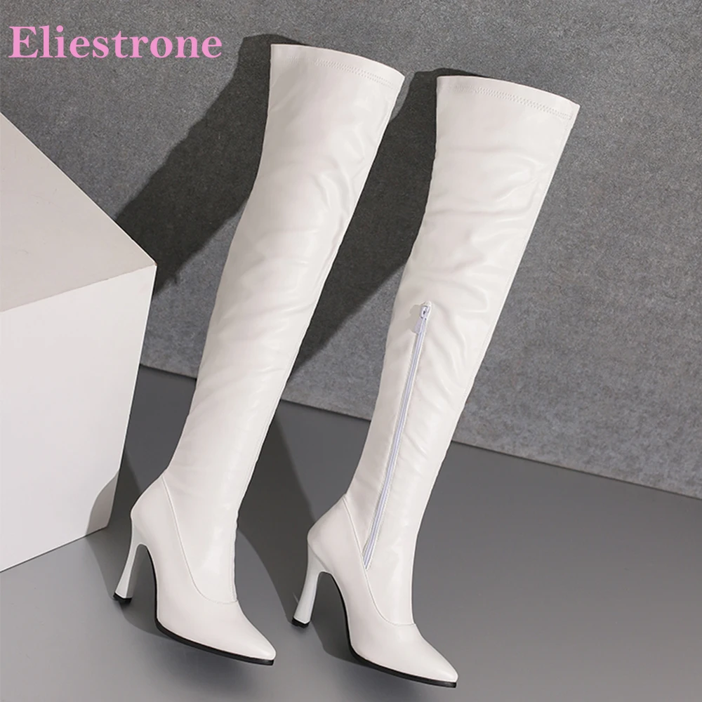 Neue Winter Damen Overknee-Stiefel in Weiß und Schwarz mit hohen dünnen Absätzen, Damenschuhe in Plus- und Großen Größen 11 32 45 50