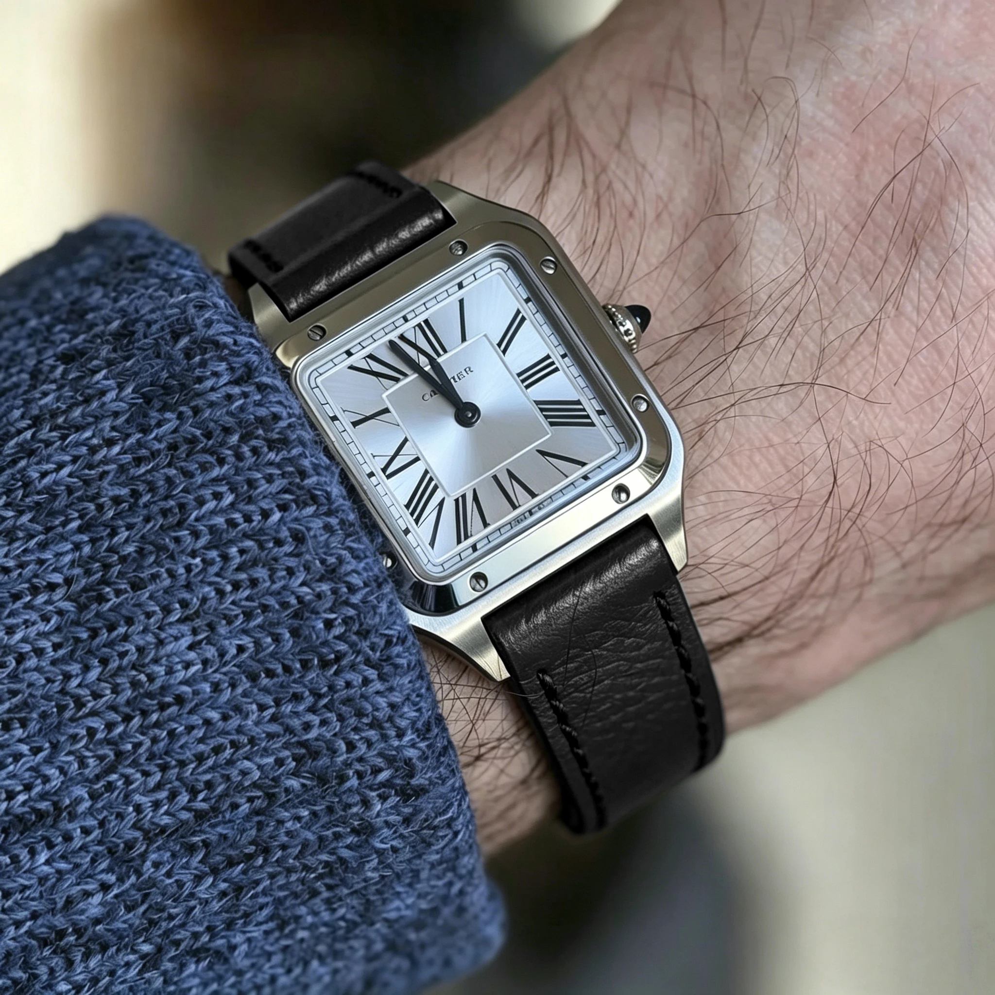 Echtes Kuhleder-Uhrenarmband mit Palmenprägung, passend für Cartier Santos Dumont 15,5 mm, 17,5 mm, 19 mm, mit Stahl-Schnellverschluss