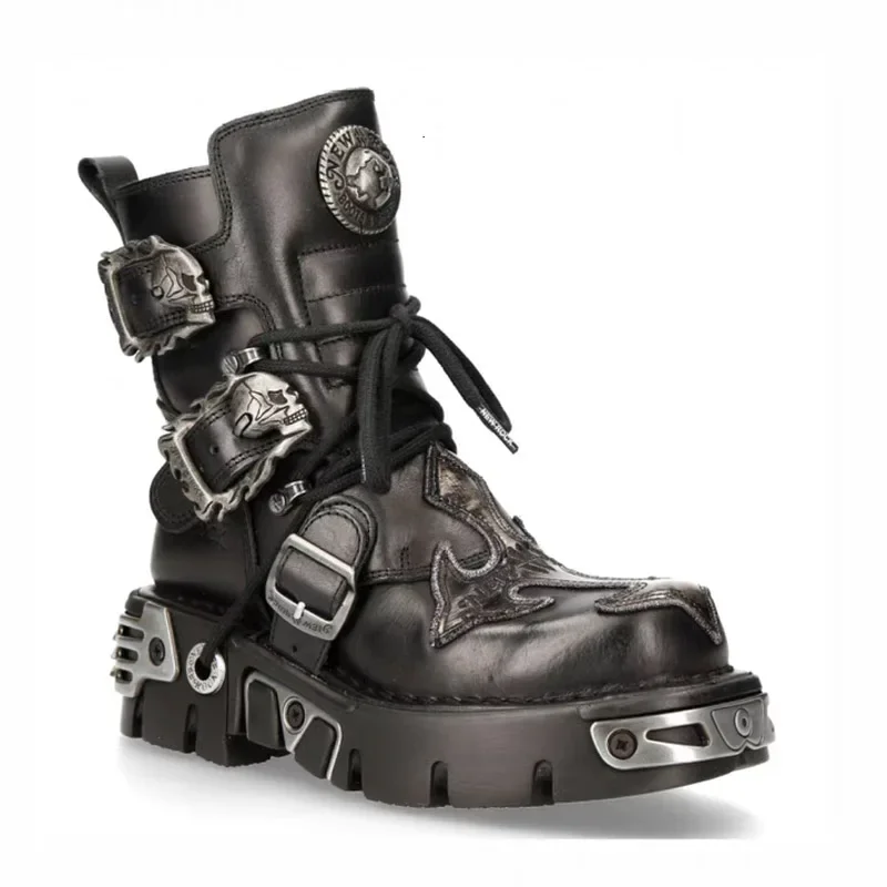 Männer Mode Echtes Leder Motorrad Stiefel, Design Neue Unisex Mid-kalb Silber Schädel Teufel Goth Punk Metallic Stiefel Plus größe