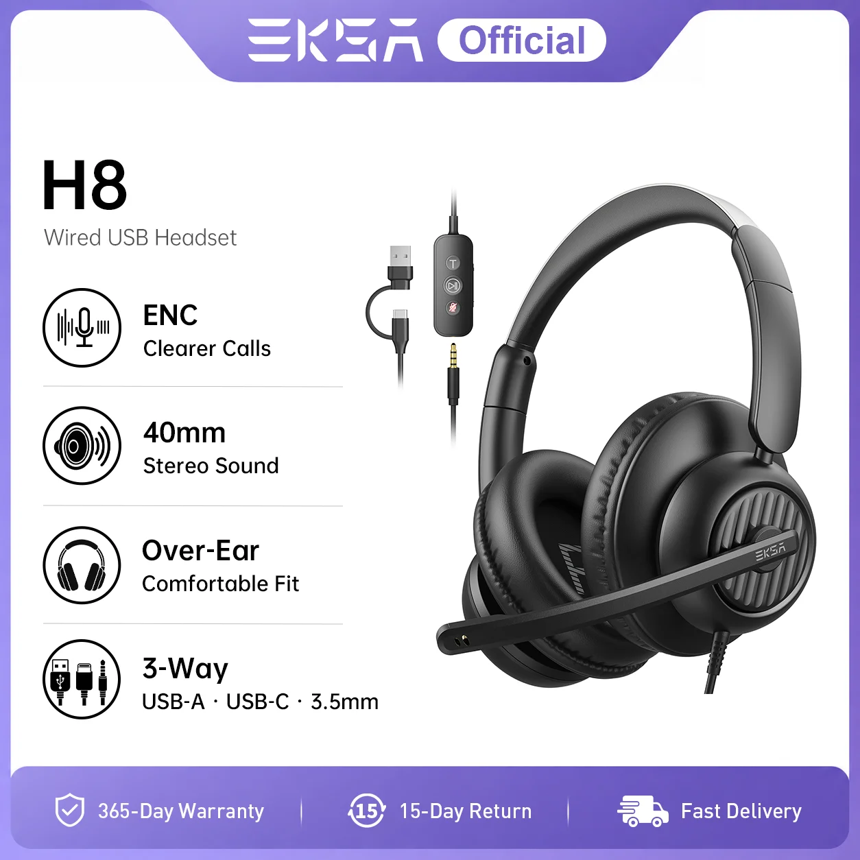 EKSA H8 Büro-Headset Kabelgebundene Kopfhörer mit Mikrofon USB Typ C 3,5mm ENC Geräuschunterdrückung PC Telefon Teams Stummschalttaste 40mm Over-Ear