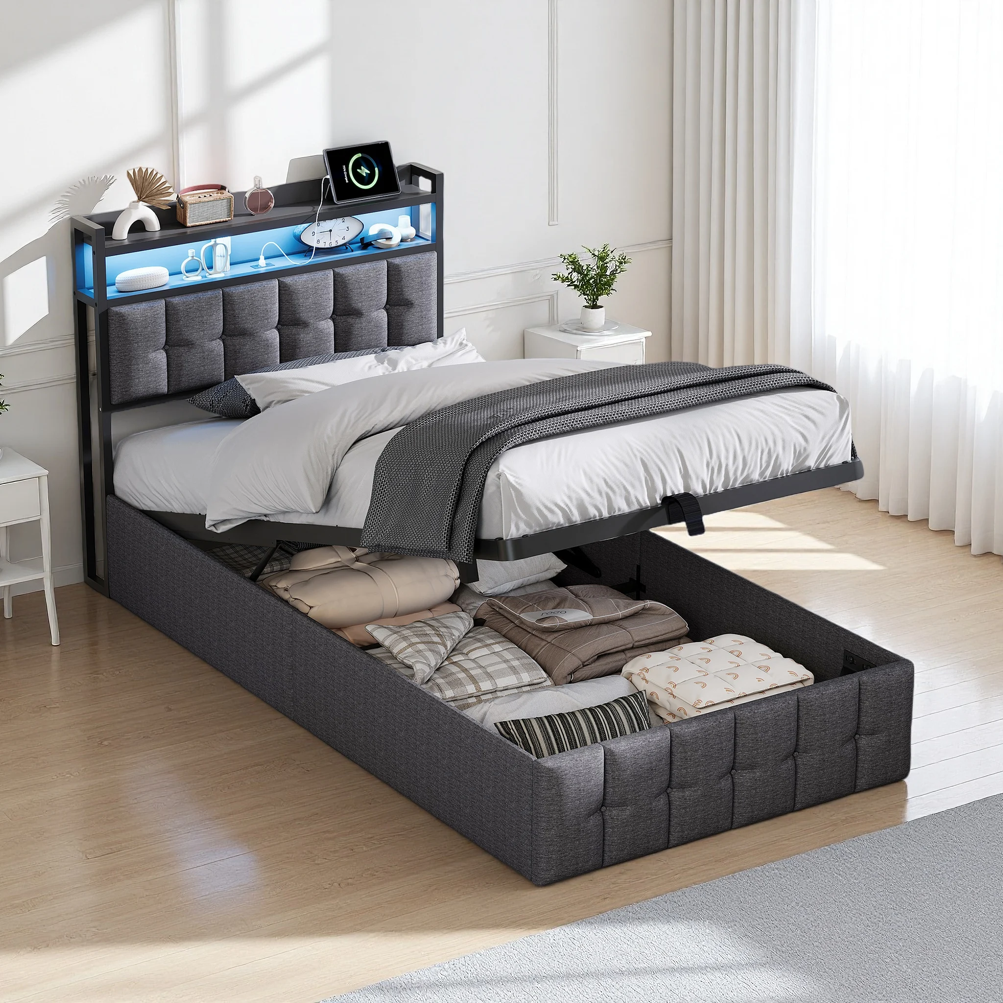 Creahappy, 90 x 200 cm Einzelbett, Bett mit Stauraum, hydraulisches Bett, Polsterbett, Bettgestell für kleine Schlafzimmer, Gästebett, Jugendbett, Bett für Mietwohnungen, Einzelbett für Studentenzimmer, Bett mit Ablagefach am Kopfteil, Leinen, Grau