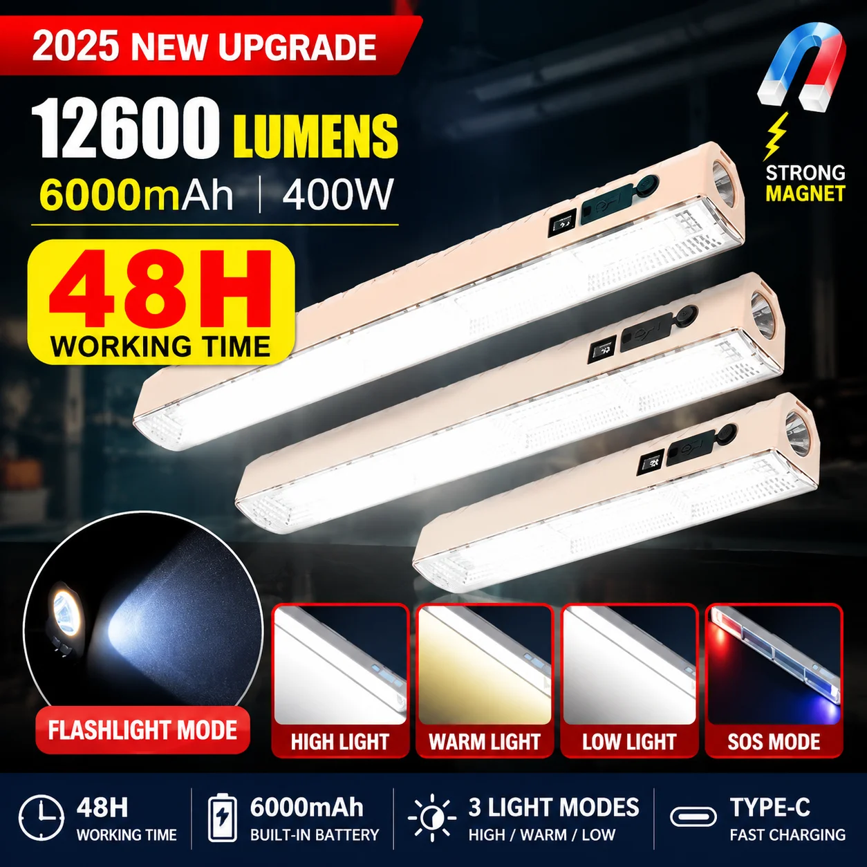22/31/41CM LED-Magnet-Arbeitsleuchte mit Haken, USB-wiederaufladbar, tragbare Motorhauben-Arbeitslampe für Notbeleuchtung im Freien