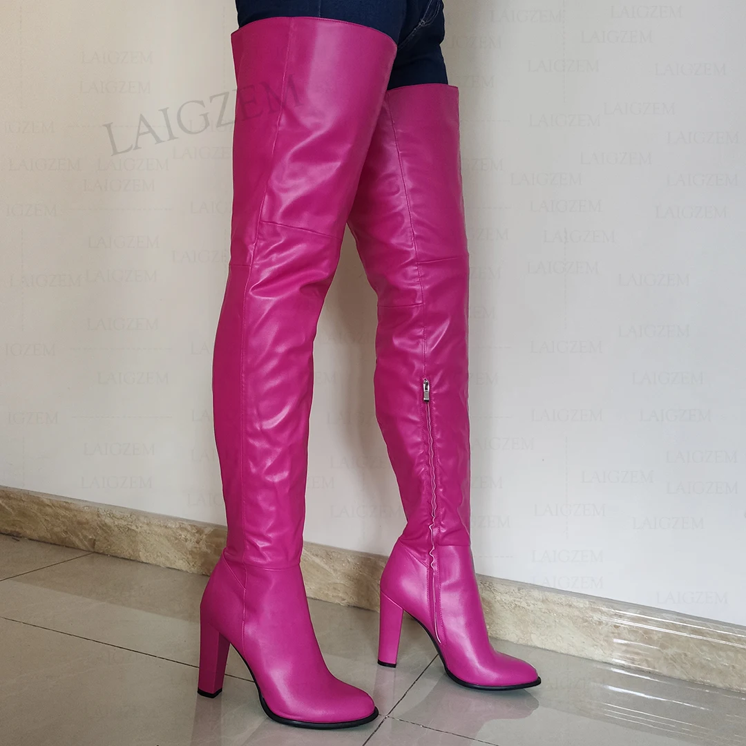LAIGZEM Frauen Oberschenkel Hohe Stiefel Unisex Dicken High Heels Stiefel Über Knie Faux Leder Handgemachte Damen Schuhe Große Größe 41 47 50 52