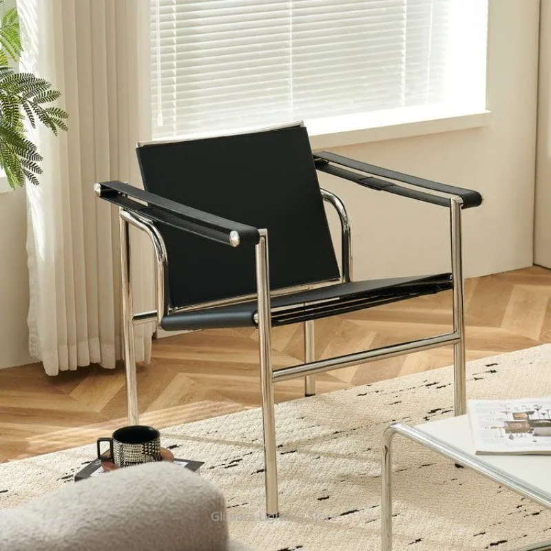 Edelstahl-Einzel-Ledersessel für Wohnzimmer, Ergonomischer Liegesessel mit Rückenlehne für Kleine Räume und Balkone