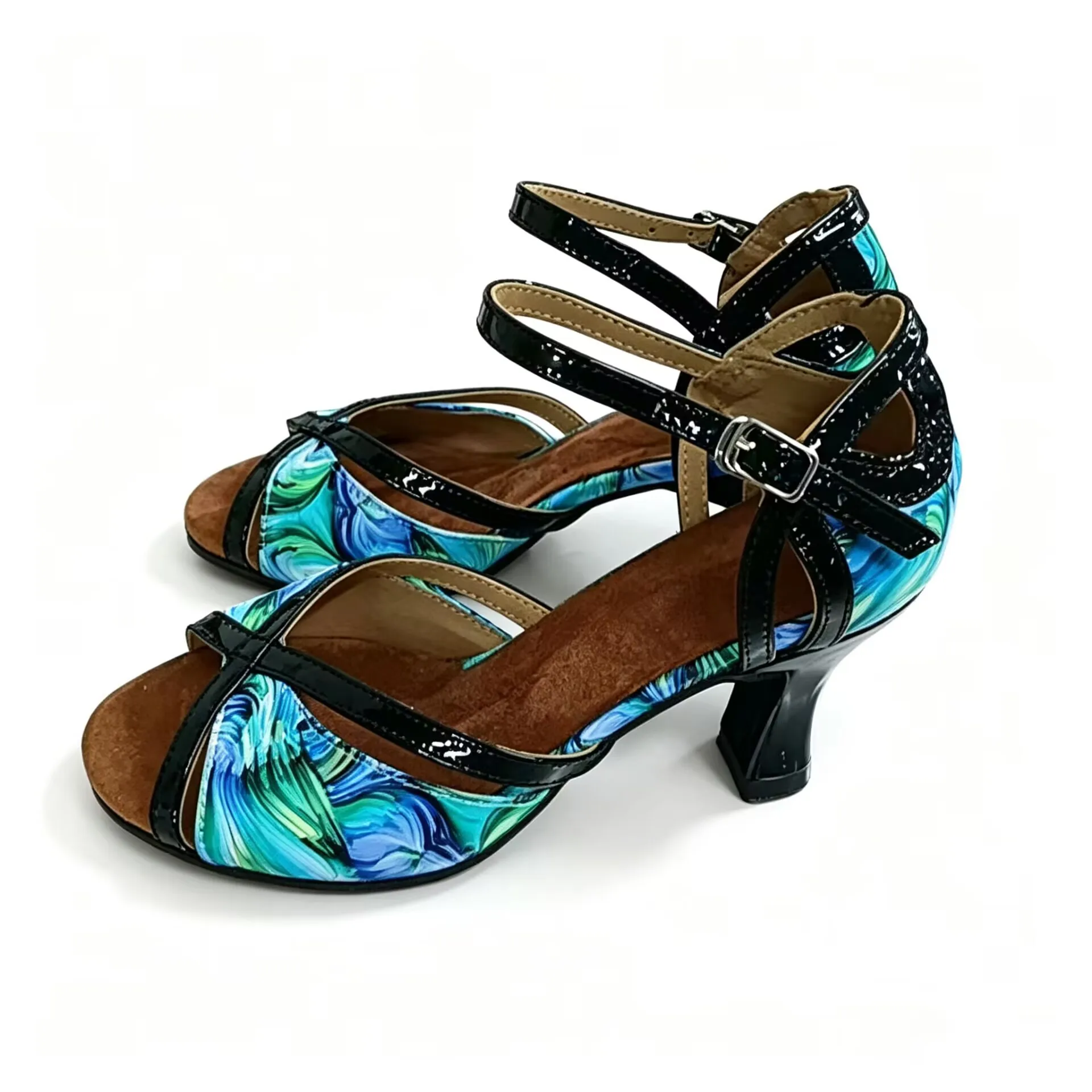 Damen-Schuhe für lateinamerikanischen Tanz, blau-grüner Marmor-Print, Knöchelriemen, Schnalle, mittelhoher Absatz, Salsa, Tango, Ballsaal, Training, Wettkampf