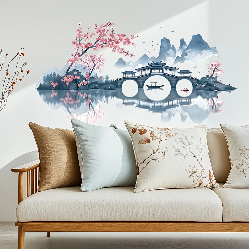 1 Stück Wandsticker mit einem Motiv einer poetischen Landschaft und einer Brücke, selbstklebender Wandsticker im chinesischen Stil zur Dekoration von Wohnzimmern, Wandsticker im Tuschendesign zur Verschönerung der Wand hinter dem Sofa, geeignet für...
