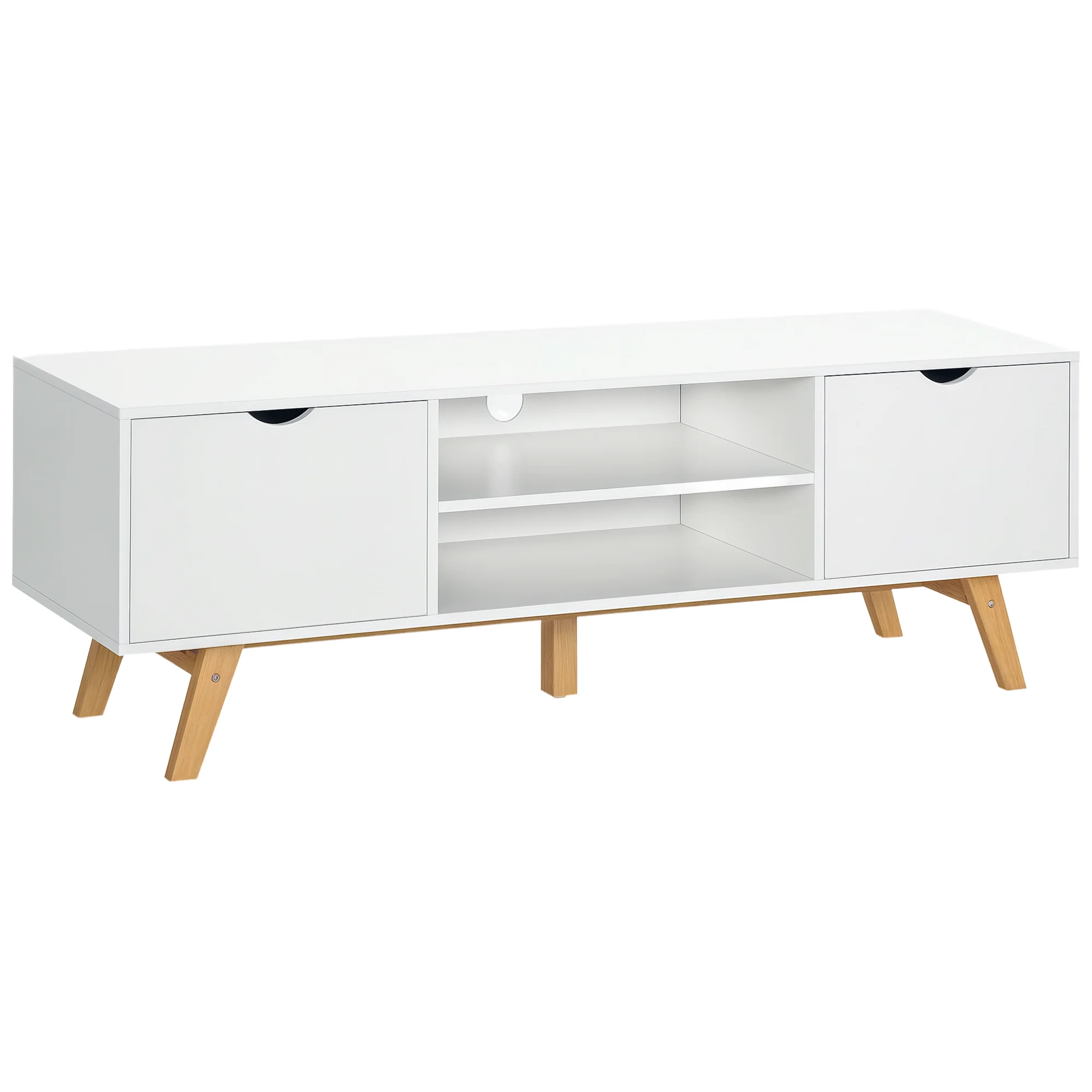 HOMCOM Möbel TV-Schrank Fernsehtisch mit Beinen im Modernen Skandinavischen Stil 2 Türen 2 Offene Fächer in Weißem Holz 150L x 39B x 50H cm