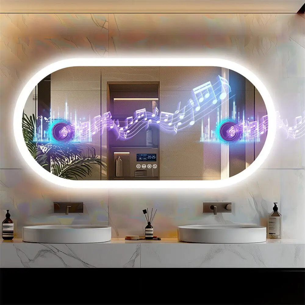 Großer Badezimmerspiegel, ovaler LED-Kosmetikspiegel zur Wandmontage mit Bluetooth, Digitalanzeige, hinter vorne beleuchtet, Antibeschlag für Hotelhalle