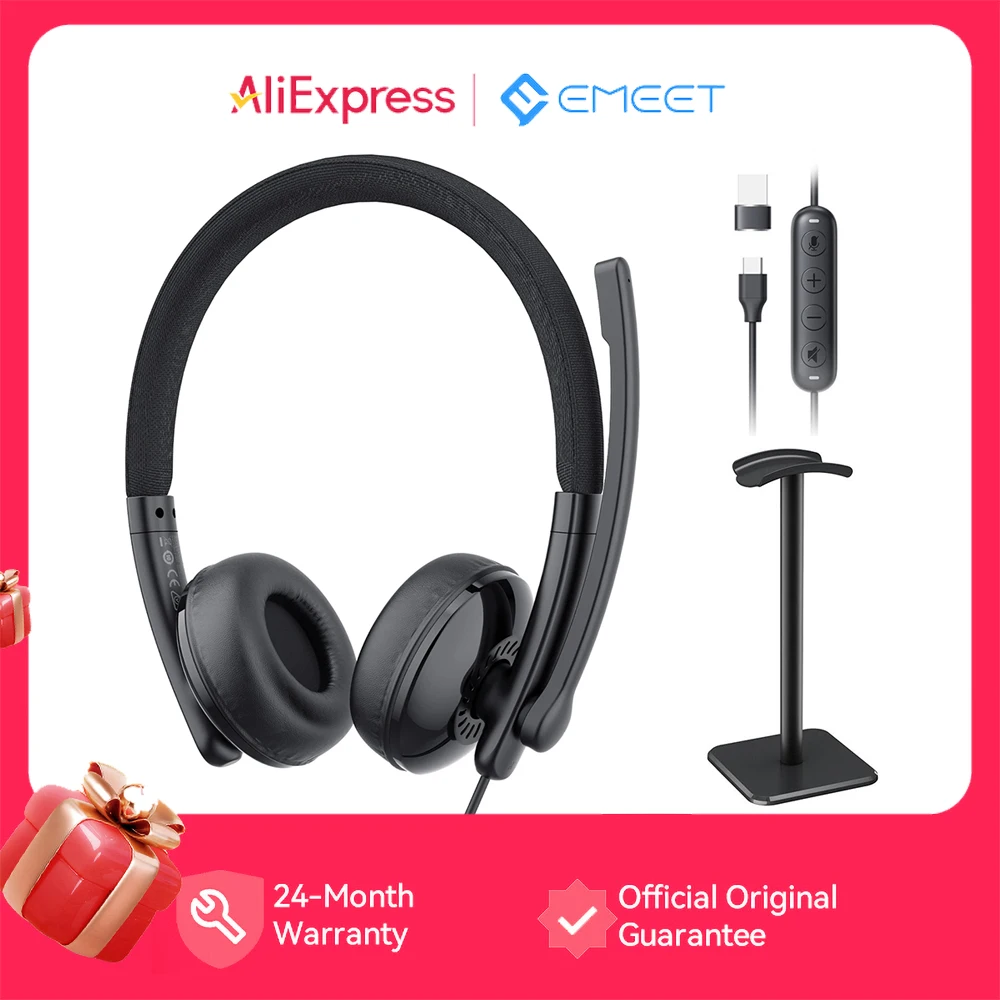 EMEET HS50 Kabelgebundenes Headset mit Ständer, Call-Center, USB-Kopfhörer mit Mikrofon, Bürokabel-Ohrhörer für Telefon/PC, Computer