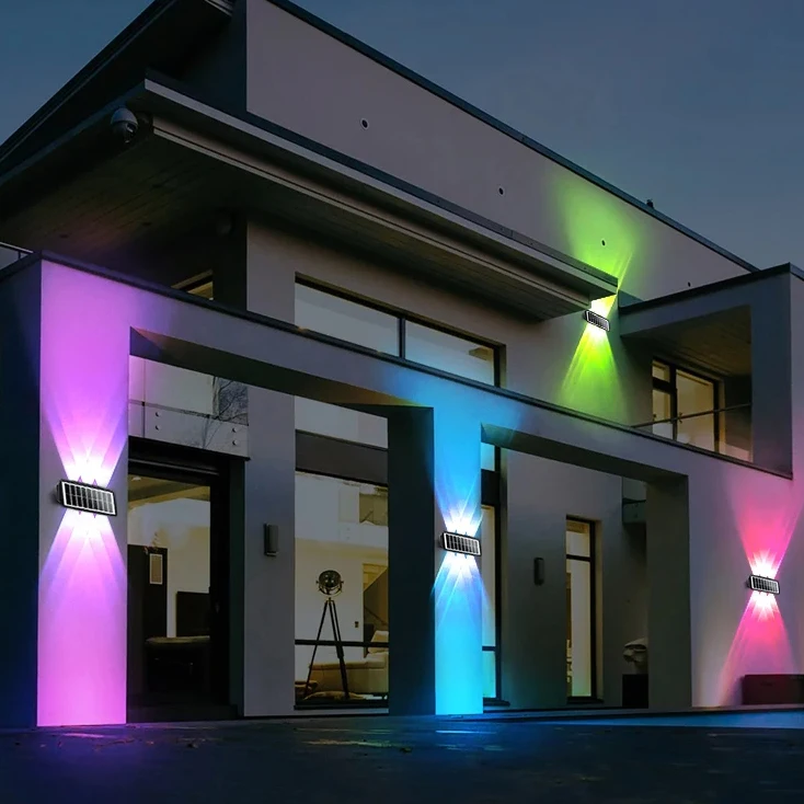 LED-Strahler für den Außenbereich, Solar-Wandleuchten, wasserdichte obere und untere Beleuchtung, solarbetriebene Straßenlaterne, Balkon, Innenhof, Garten