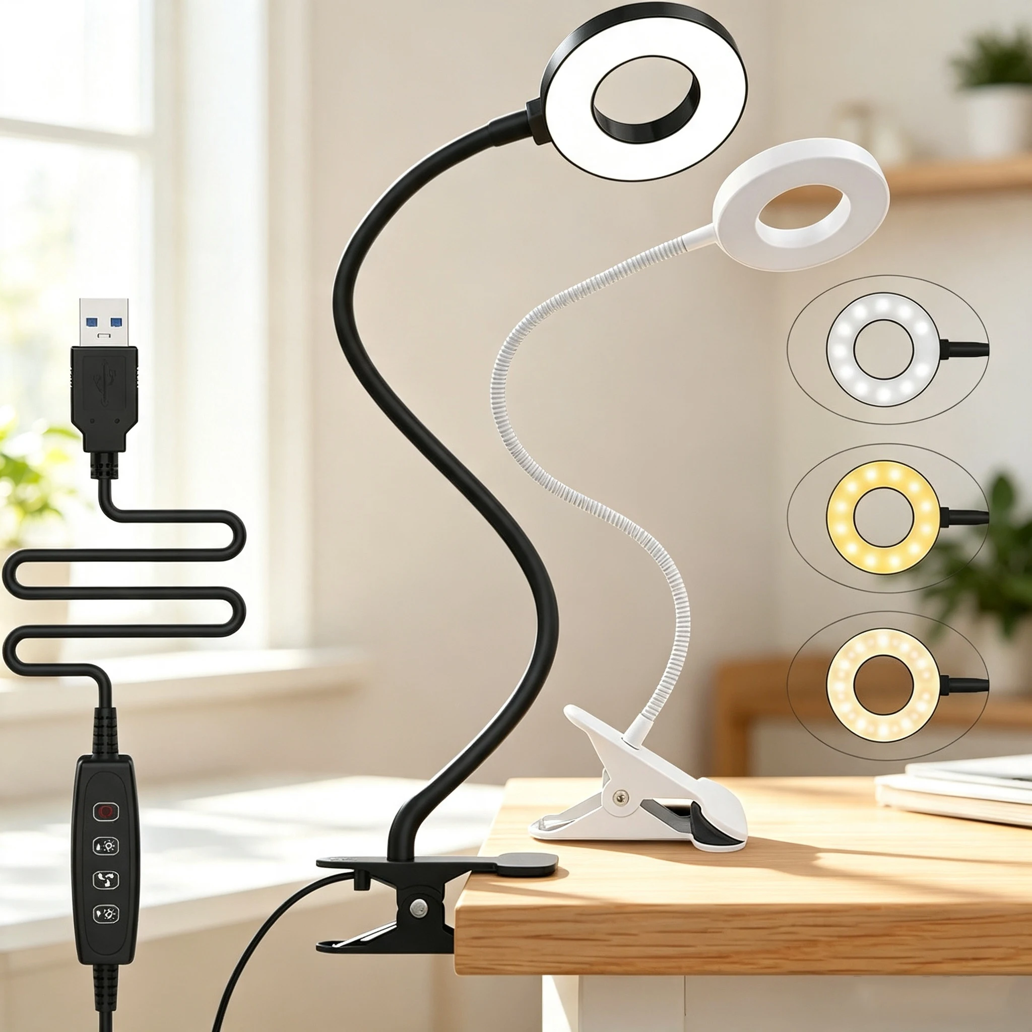 48 LEDs Klemmleuchte für den Schreibtisch, 3 Farbmodi & 10 Helligkeitsstufen, 360° drehbar ° Flexible Schwanenhals-Leselampe für den Tisch, augenschonendes Nachtlicht