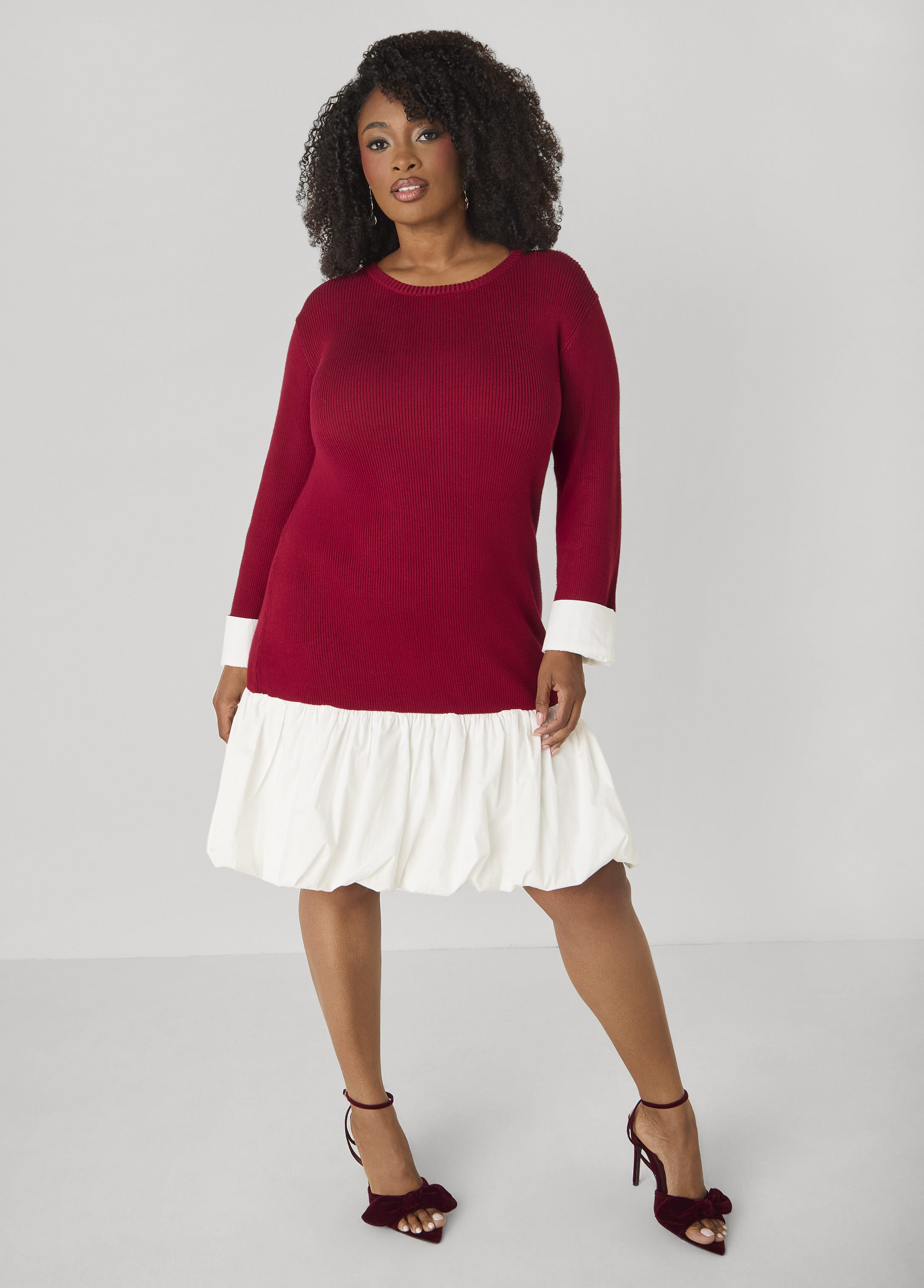 Plus Size Poplin Paneled Ribbed Bubble Dress