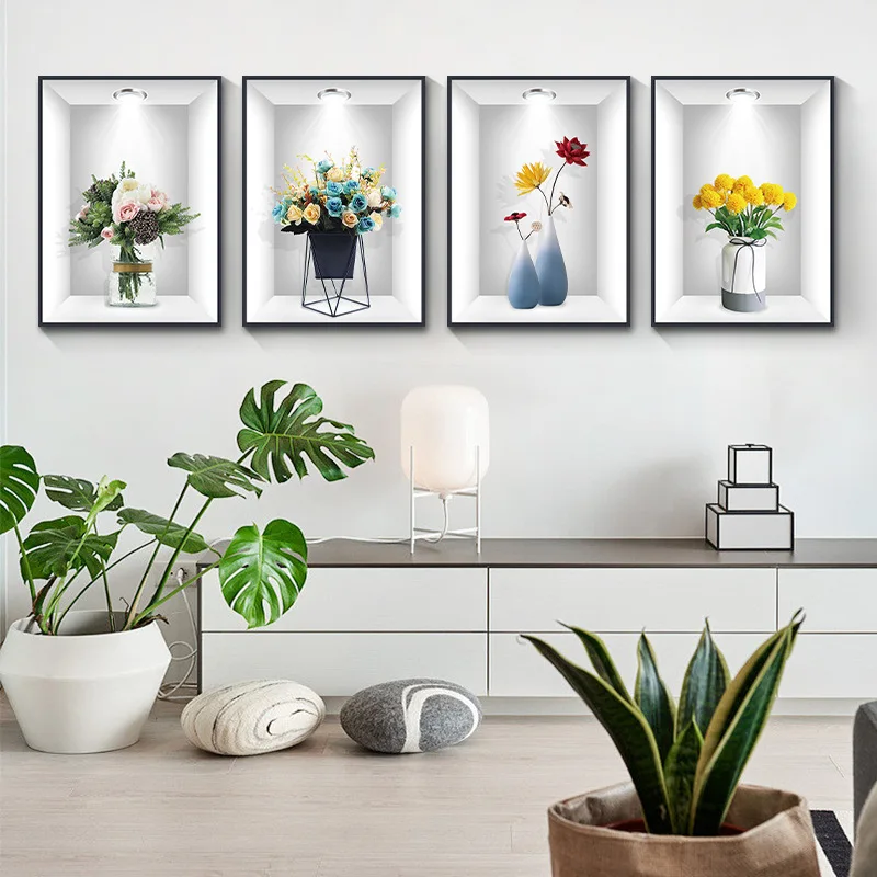 Wohnzimmer-Deko 3D Topfpflanzen-Vase Wandaufkleber Abnehmbarer Cartoon-Blumen Wandtattoo