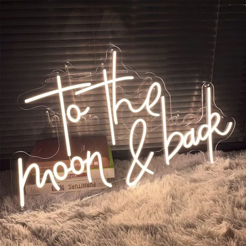 To The Moon & Back Neon-Schilder für Hochzeitszimmer-Wanddekoration, LED-Leuchtschilder, Ästhetische LED-Schilder, Schlafzimmer-Heimdekoration, Wandkunst, Jubiläumsgeschenke, Valentinstagsgeschenke, 5V USB-betrieben, Warmweiß