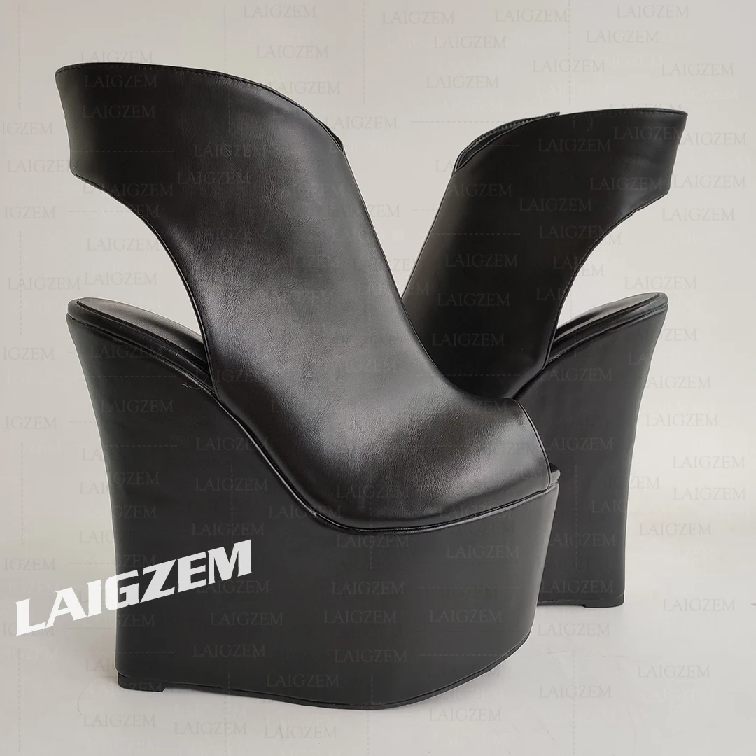 LAIGZEM Frauen Stiefeletten Plattform 20 CM High Heels Zip Up Kunstleder Kurze Stiefel Club Damen Schuhe Frau Große Größe 34 40 45 47