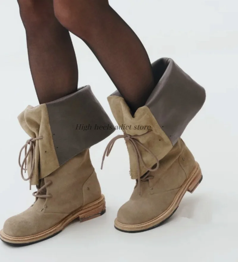 Vintage-Stiefel mit runder Spitze und Schnürung, mittelhohe Stiefel aus Leder in Schwarz/Khaki, flache, lässige Stiefeletten mit Riemen, luxuriöse Designer-Schuhe aus weichem Leder