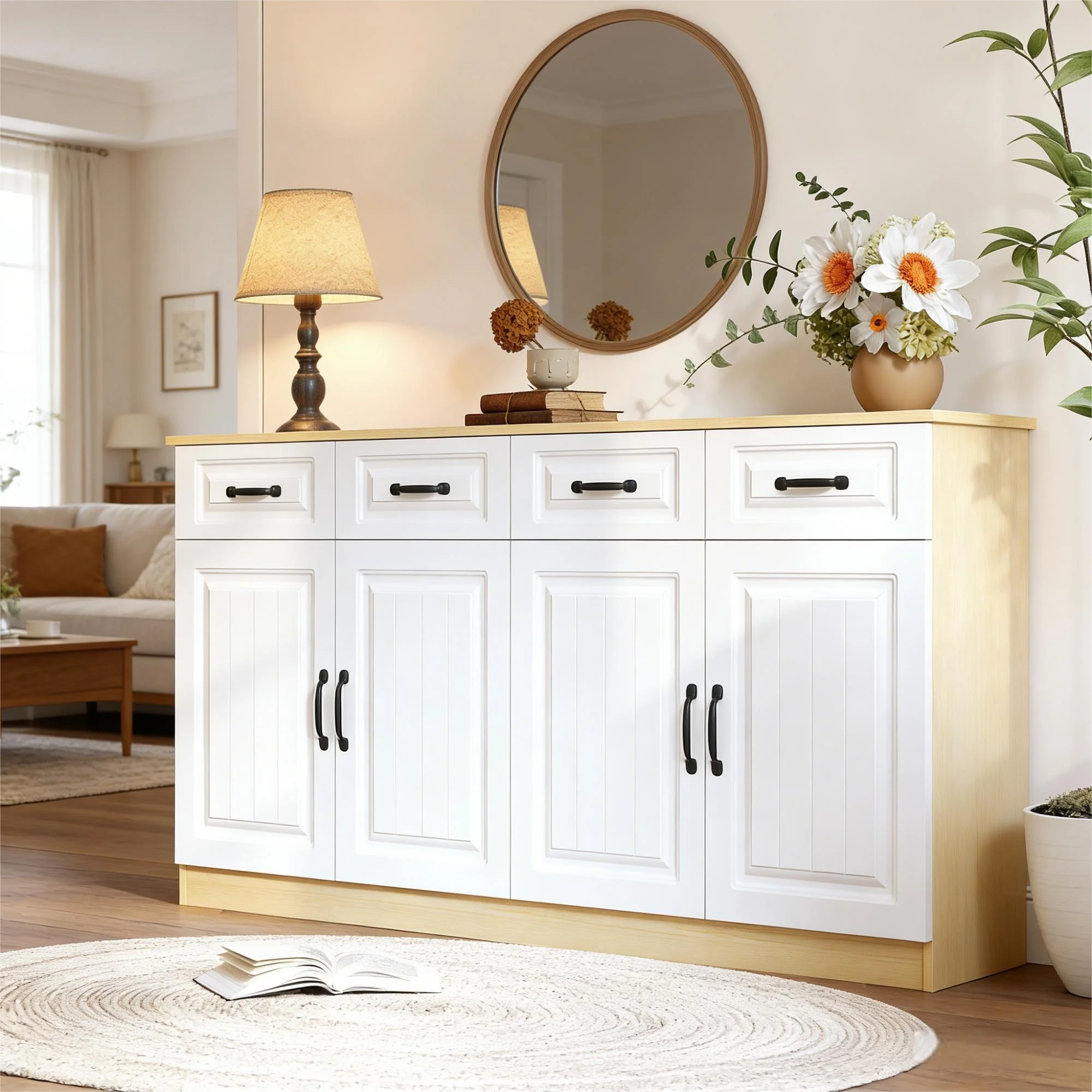 4-Schubladen-4-Türen-Sideboard mit geriffeltem Design, 8 Metallgriffen, großem Oberstauraum, weiß und naturholzfarben, moderner Buffetschrank für Wohnzimmer, Schlafzimmer, Küche