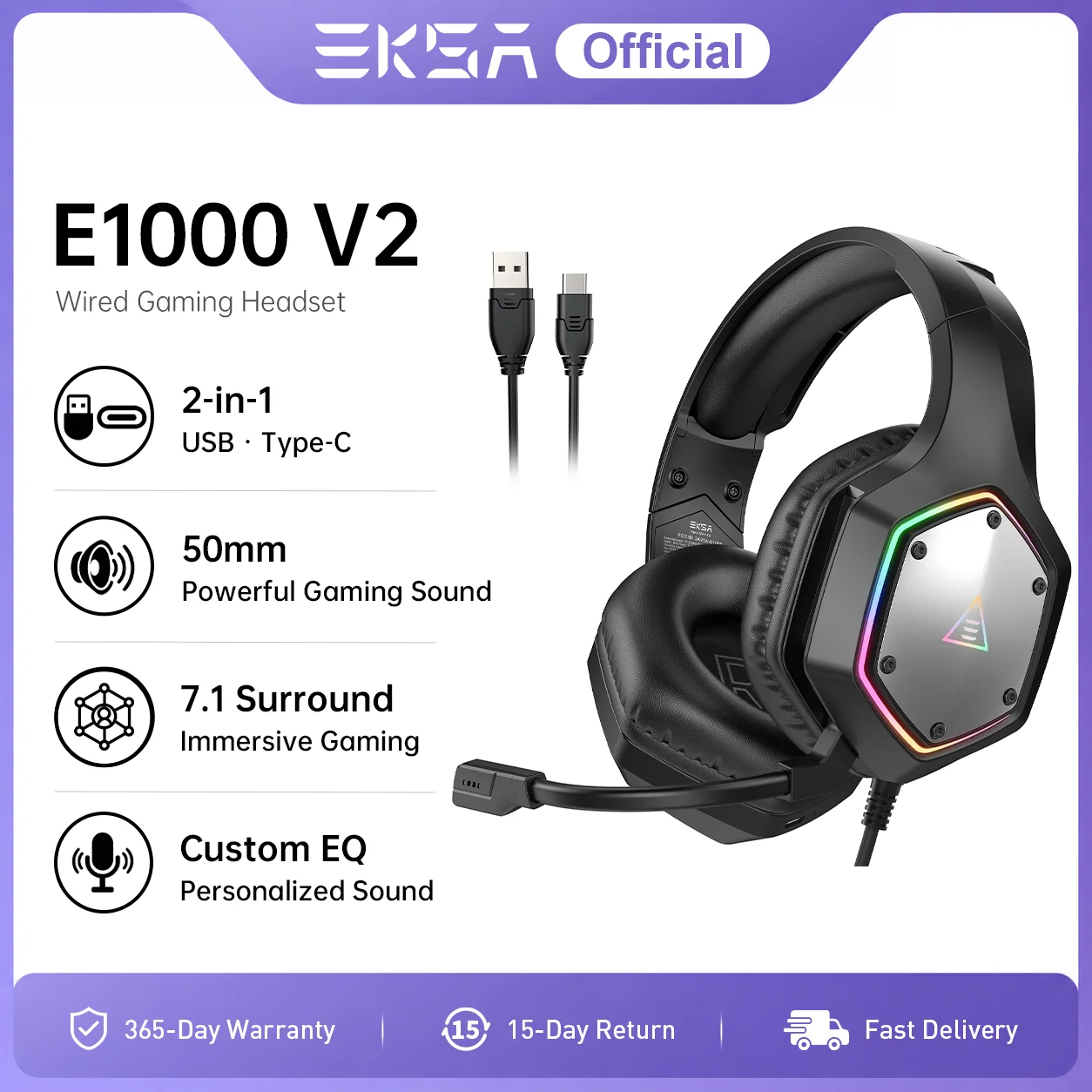 EKSA E1000 V2 Gaming-Headset RGB-Kopfhörer Kabelgebundenes Gamer-Headset 7.1 Surround Sound Geräuschunterdrückendes Mikrofon für PS4 PS5 Switch Telefon