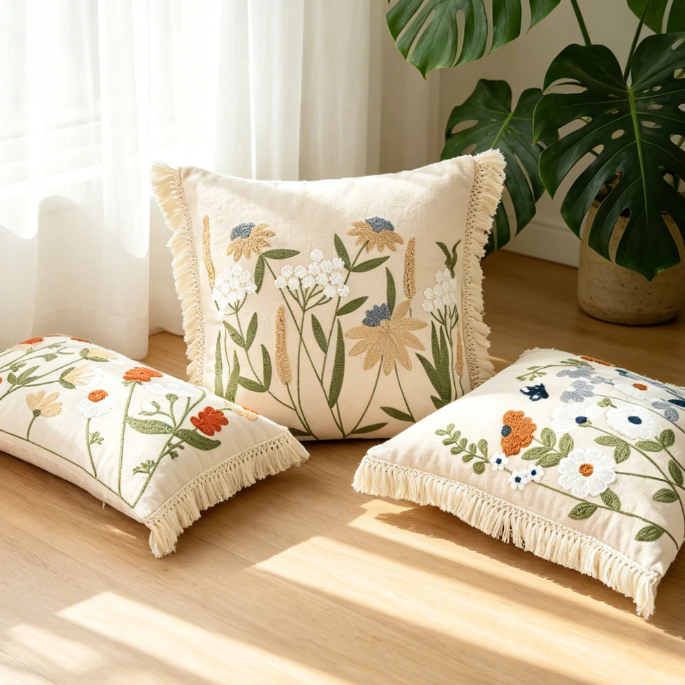 BUYNOW 1 Stück Blumenbestickter Kissenbezug ohne Füllstoff, Bohemian Pastoral Style Kissenbezug für Sofa, Schlafzimmer, Heimtextilien-Dekoration