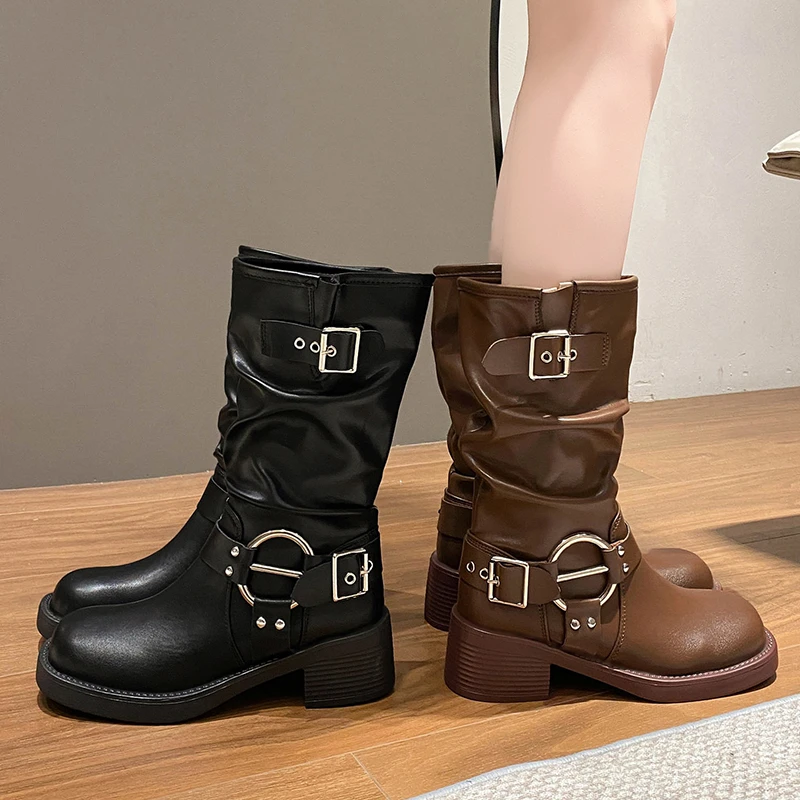 Vintage Western-Cowboy-Stiefel für Damen mit dickem Boden, modische Schnallen-Slipper, Herbst-Freizeitschuhe für Damen, mittelhohe Ritterstiefel