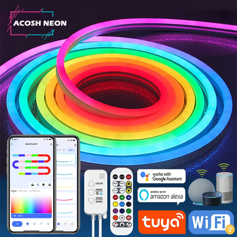 TUYA Neon-LED-Streifenlichter, 12–24 V, 84 LEDs/m, Silikon-Neon-Lichtschlauch mit Musik-Synchronisierung, RGBIC Dreamcolor Chasing-Streifenband für Zimmer