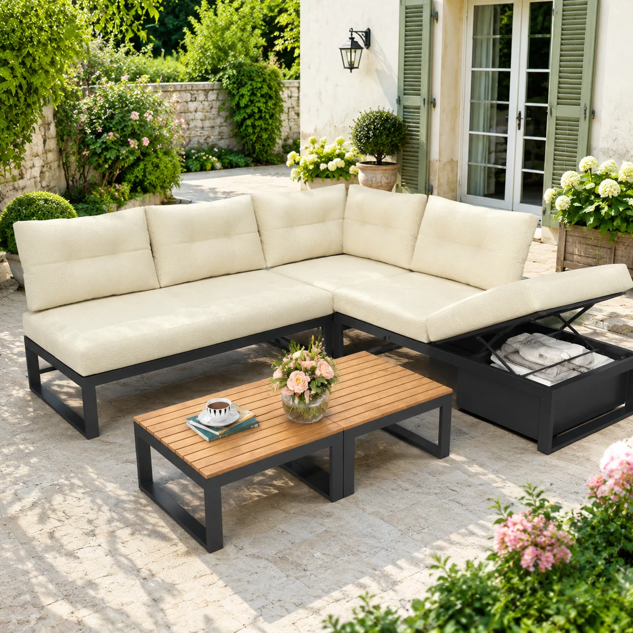 LVHOM Modulares Outdoor-Patio-Ecksofa mit Aluminiumrahmen & Holztisch, Wetterfestes L-förmiges Sofa mit Stauraum & Kissen für den Garten