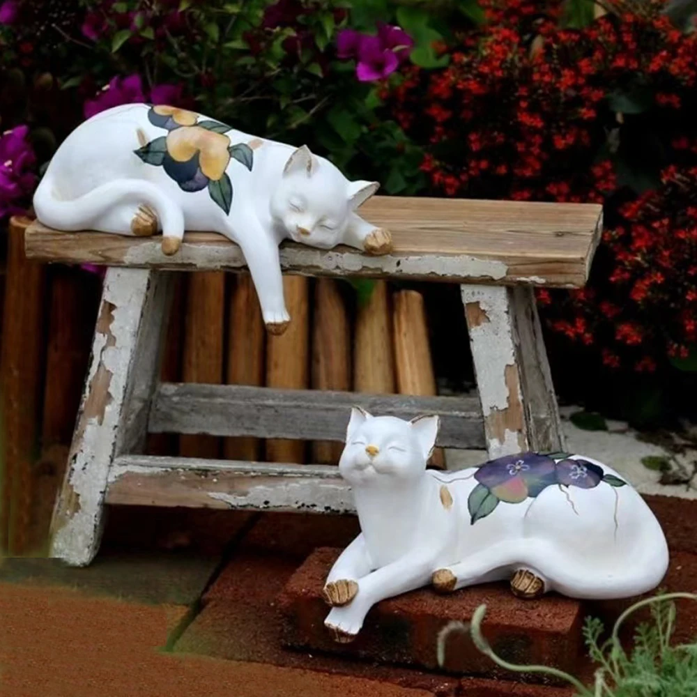 Schlafende Katze Garten Statuen im Freien, Katze Figur Denkmal Statue Hersteller Garten Harz schlafende Katze Statuen für Garten Dekor Katze