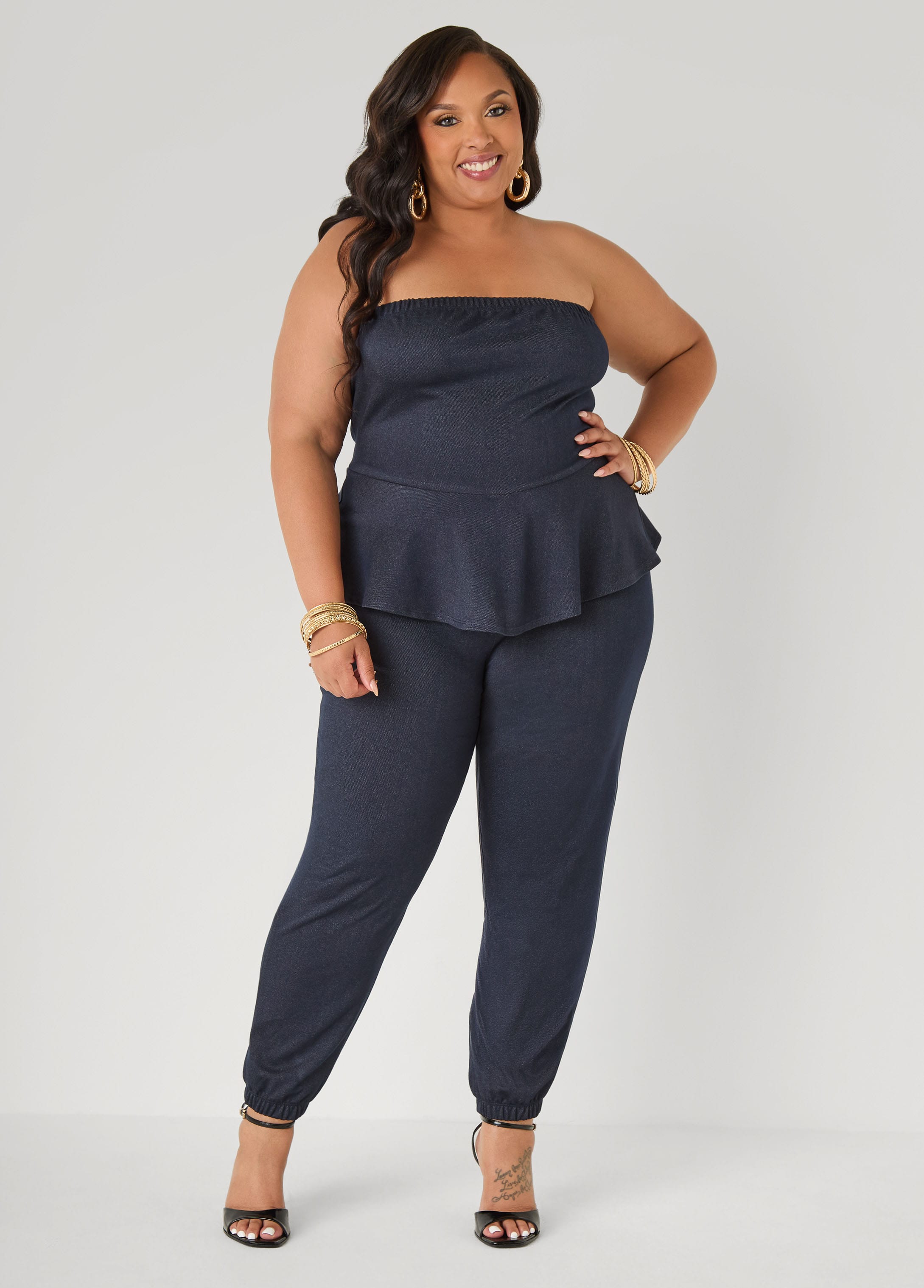 Plus Size Strapless Denim Jogger Jumpsuit