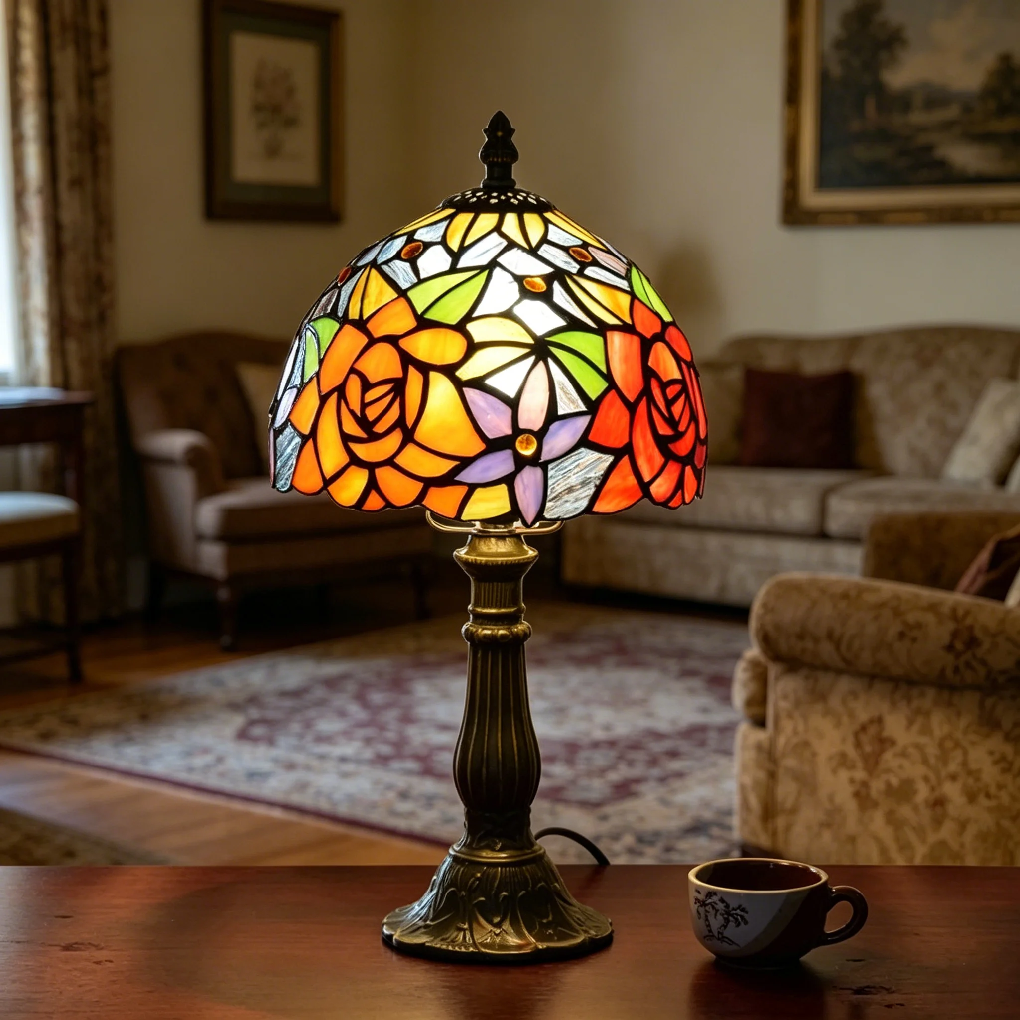 Tiffany-Stil Tischlampe Rote Rose Buntglas Leselampe für Wohnzimmer Schlafzimmer Büro Europäischer Stil Retro-Lampen