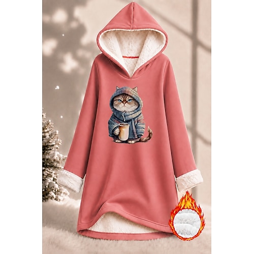 Damen Kapuzenpullover Druck Grafik Tiermotiv Warm Mode Niedlich Langarm Mit Kapuze Lange Oberteile Lässig Straße Blau Rosa Rote Grau Herbst Winter