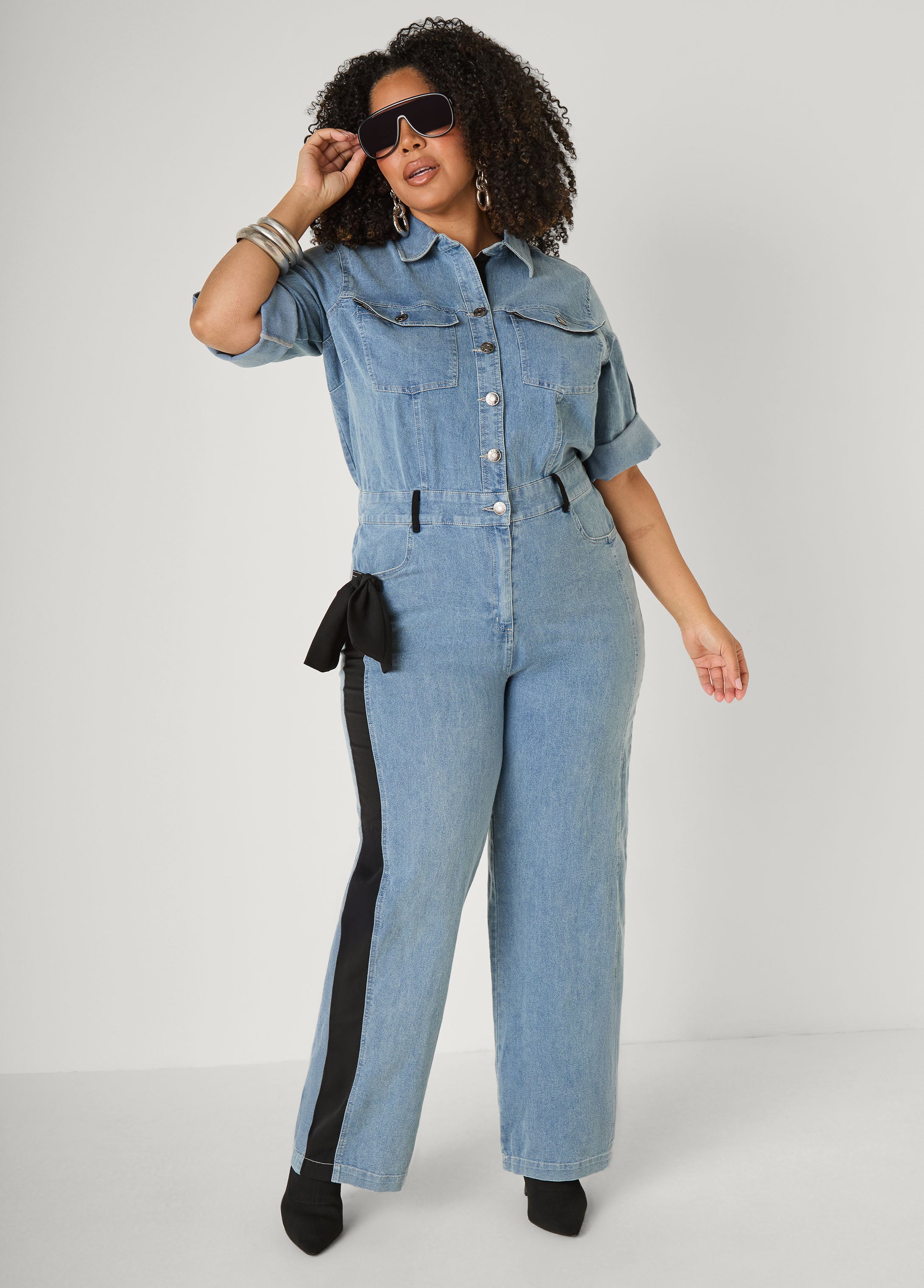Plus Size Bow Embellished Denim Jumpsuit