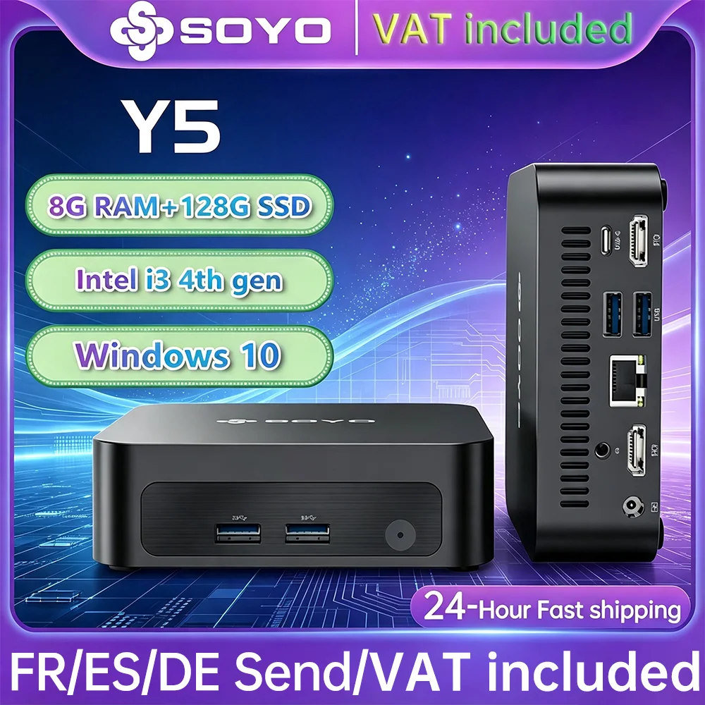 SOYO Mini-PC Y5 Intel Core i3 Prozessor der 4. Generation, 8 GB RAM, 128 GB SSD, Windows 10 Mini-Desktop-Computer, Multi-Screen-4K-Ausgabe, WLAN und Bluetooth 4.2, USB-C, RJ45 Ethernet, kompakter kleiner PC für den täglichen Gebrauch im Home Office...