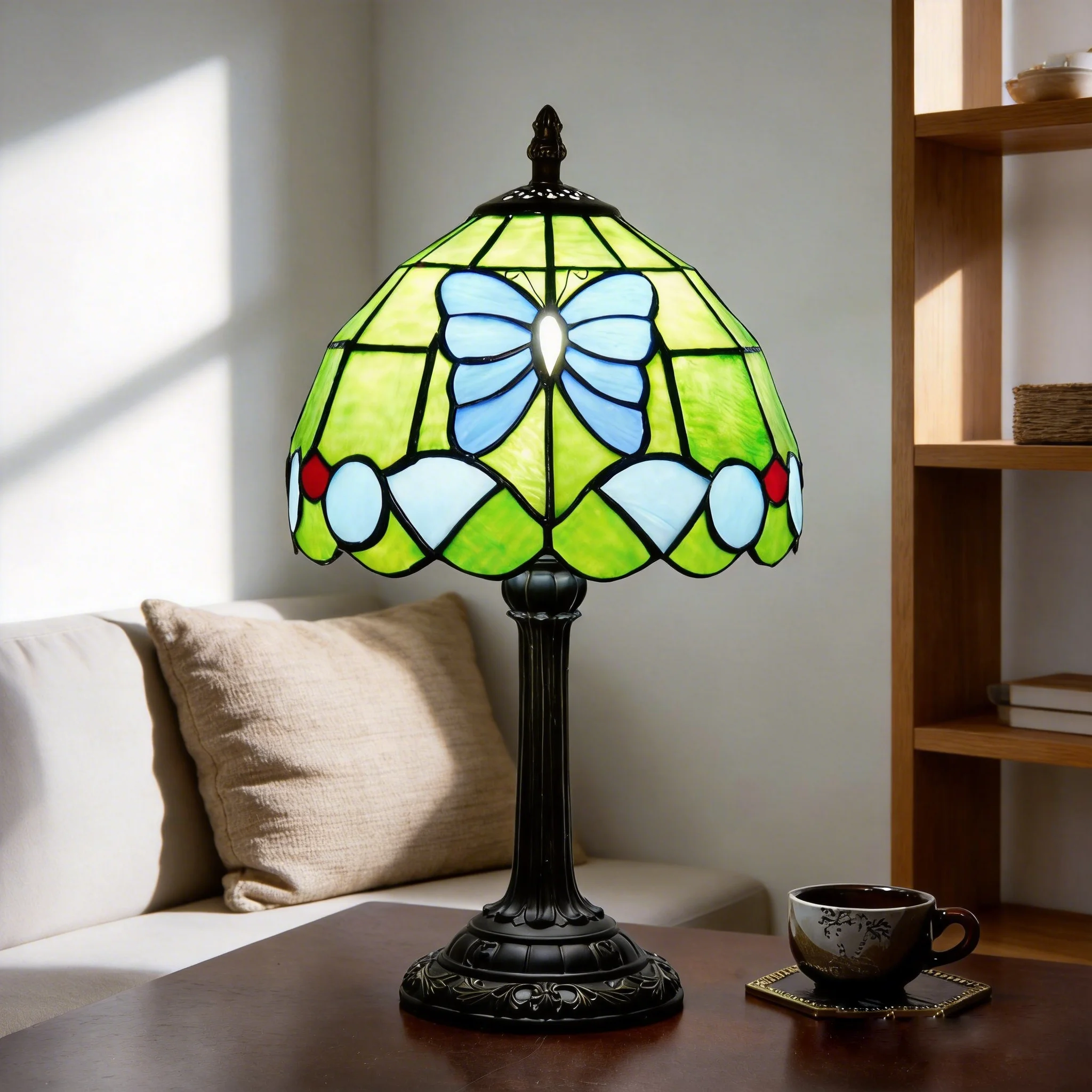 Tiffany Tischlampe, 8 Zoll Blauer Schmetterling Handgefertigter Buntglas-Lampenschirm, Vintage Leselampe für Schlafzimmer Wohnzimmer, Geschenk