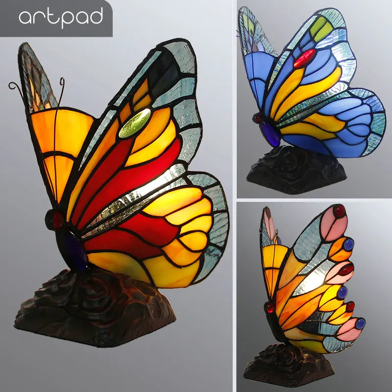 Artpad Glas Tiffany Schmetterling Tischlampen mit US/EU-Stecker im Schlafzimmer Nachttisch LED Schmetterling Tischleuchte für Tischnachtleuchten