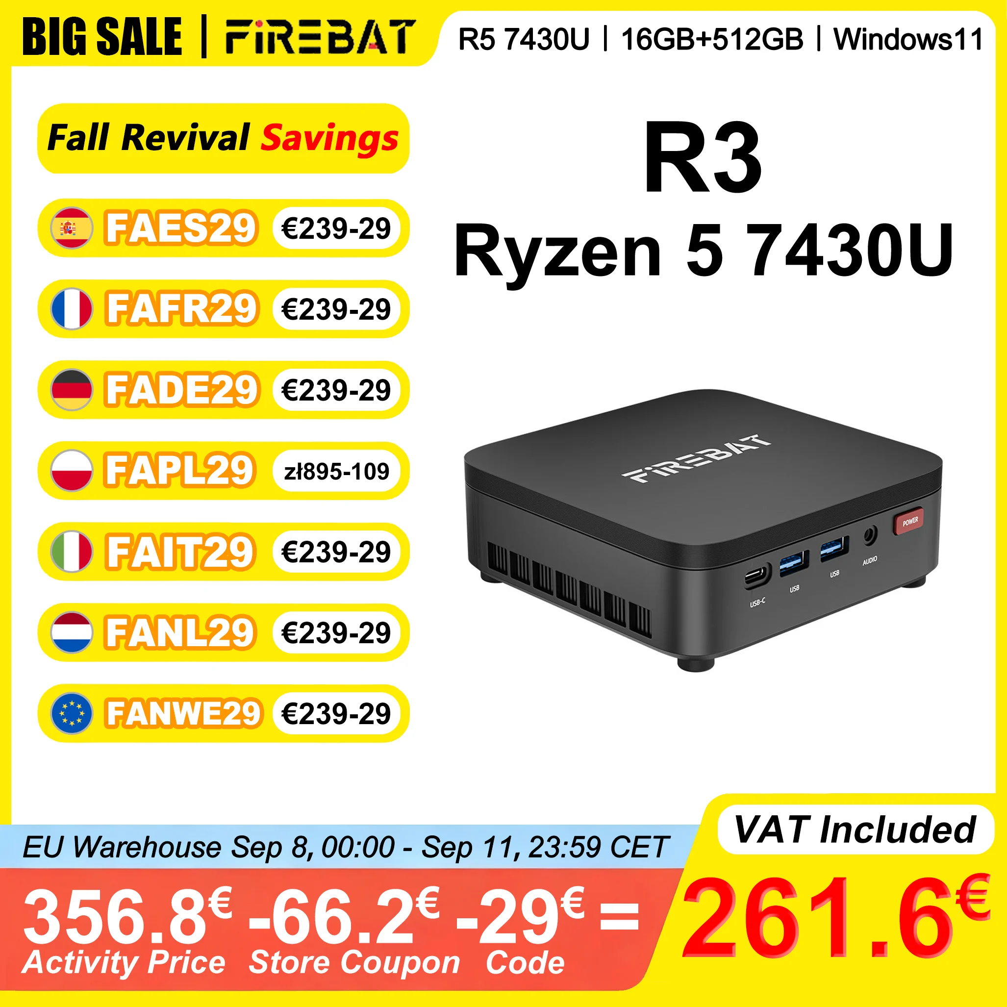 FIREBAT R3 Mini-PC AMD Ryzen 5 7430U 16GB LPDDR4 RAM 512GB SSD Windows 11 Wi-Fi 6 USB 3.0 BT5.2 Gaming-Desktop-Mini-Computer
