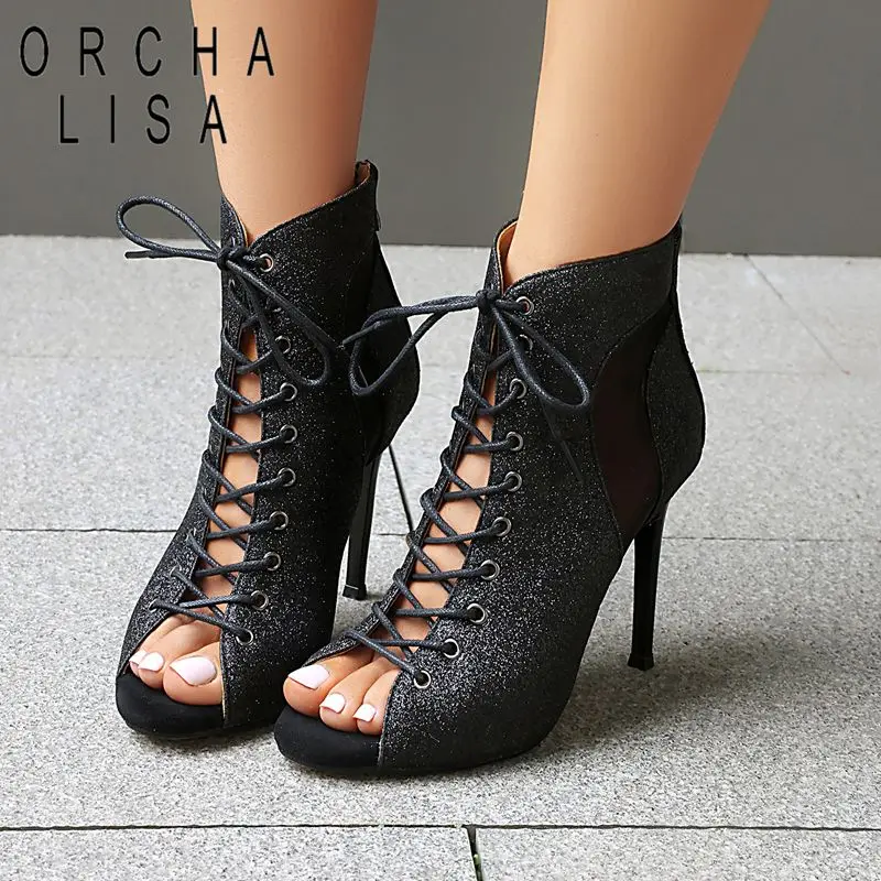ORCHA LISA 2025 Damen-Stiefeletten, Peep-Toe, 9,5 cm, Stiletto-Reißverschluss, Schnürung, Bling, gemischte Farben, Größe 43–46, sexy Party, Sommer