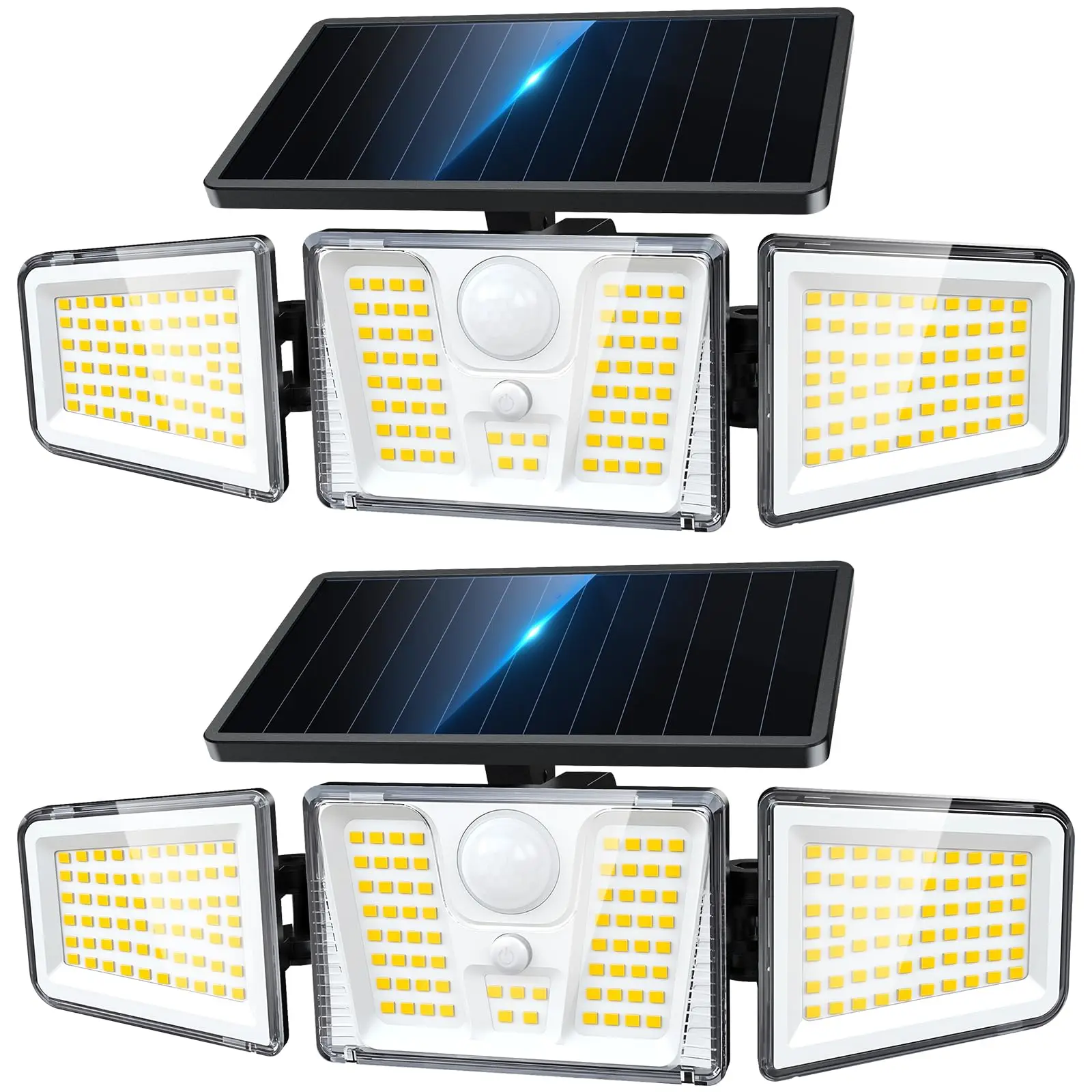 1/2 Stück Solar‑Flutlichter, 210‑LED‑Bewegungsmelder‑Außenleuchten, wasserdichte Solar‑Bewegungsleuchten für den Außenbereich, 3 Köpfe 300°‑Weitwinkel‑Sicherheitsleuchten für Hof, Terrasse, Garage und
