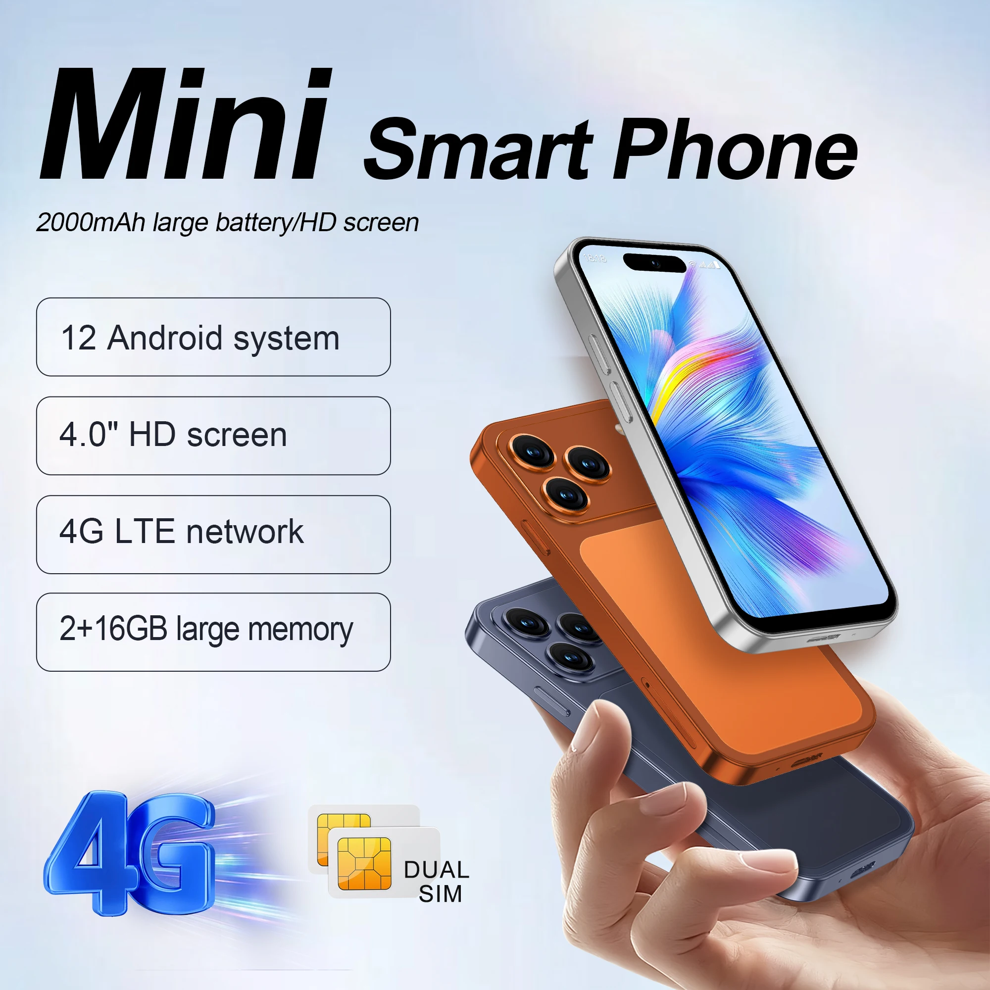 SERVO S4 PRO Mini Smart Mobile Phone 4G LTE Dual SIM Standby Android12.0 OS 2GB+16GB WiFi 4.0-inch Small Pocket Smartphone