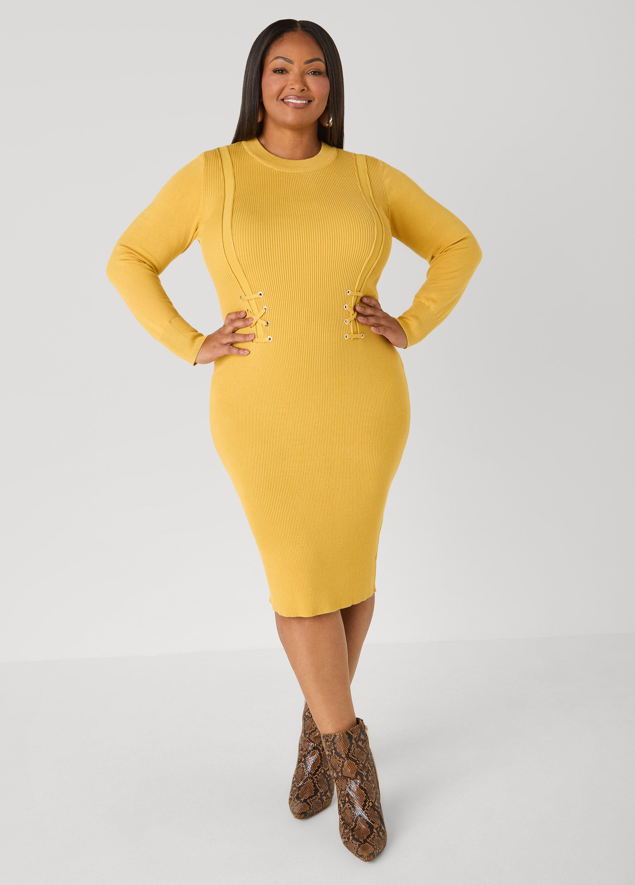 Plus Size Ribbed Lace Up Sweater Dress