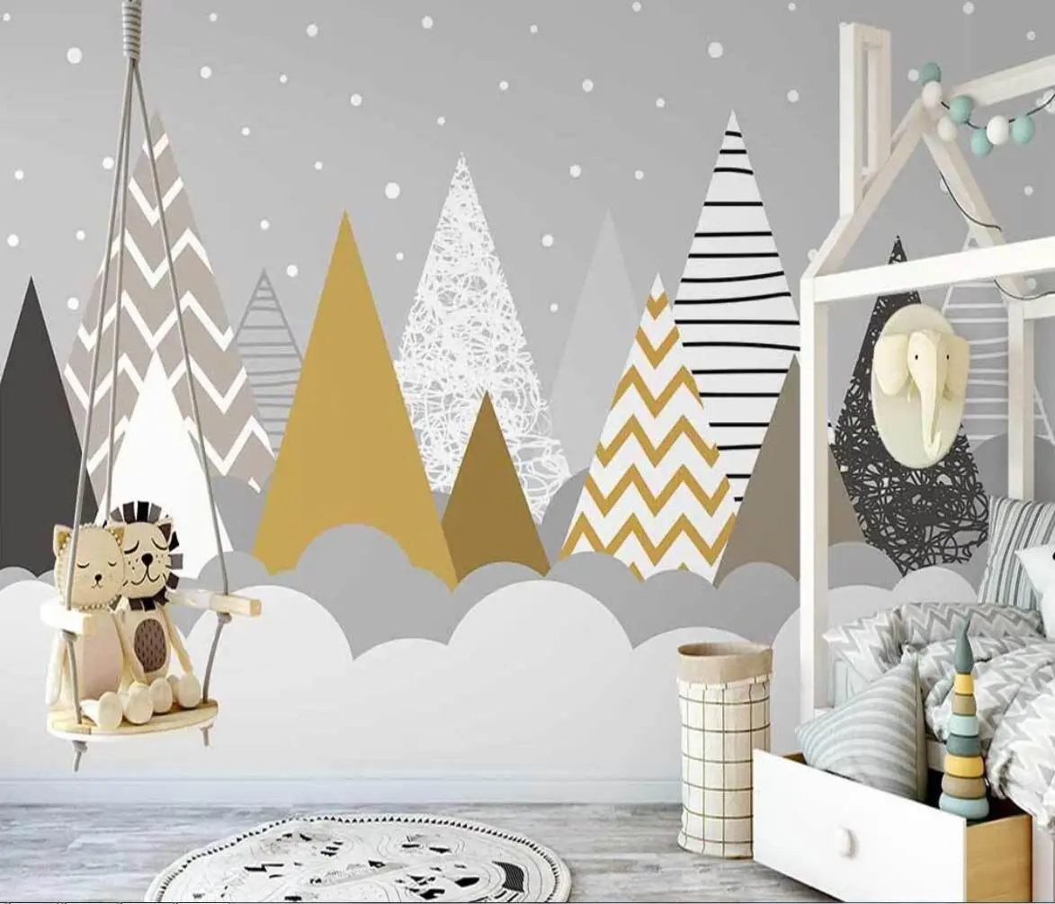 Tapete in Sondergröße, handgezeichnet, geometrisch, Berggipfel, Heißluftballon-Tapete, Heimdekoration, Kinderzimmer, Cartoon-Wandbild