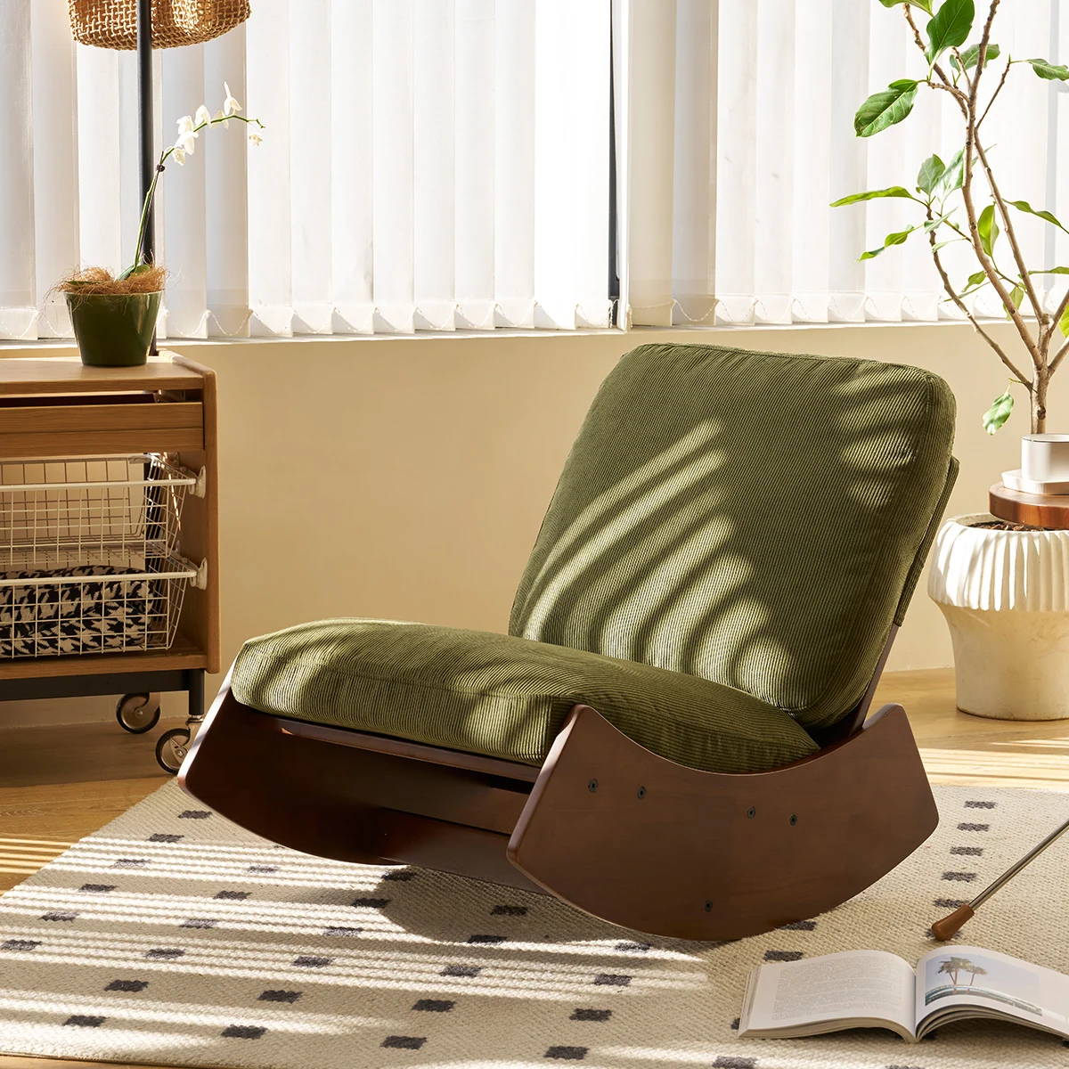 Schaukelstuhl mit Gleitfunktion, Polstersessel aus Cord, Massivholzrahmen, bequemer Relaxsessel für Wohnzimmer & Schlafzimmer