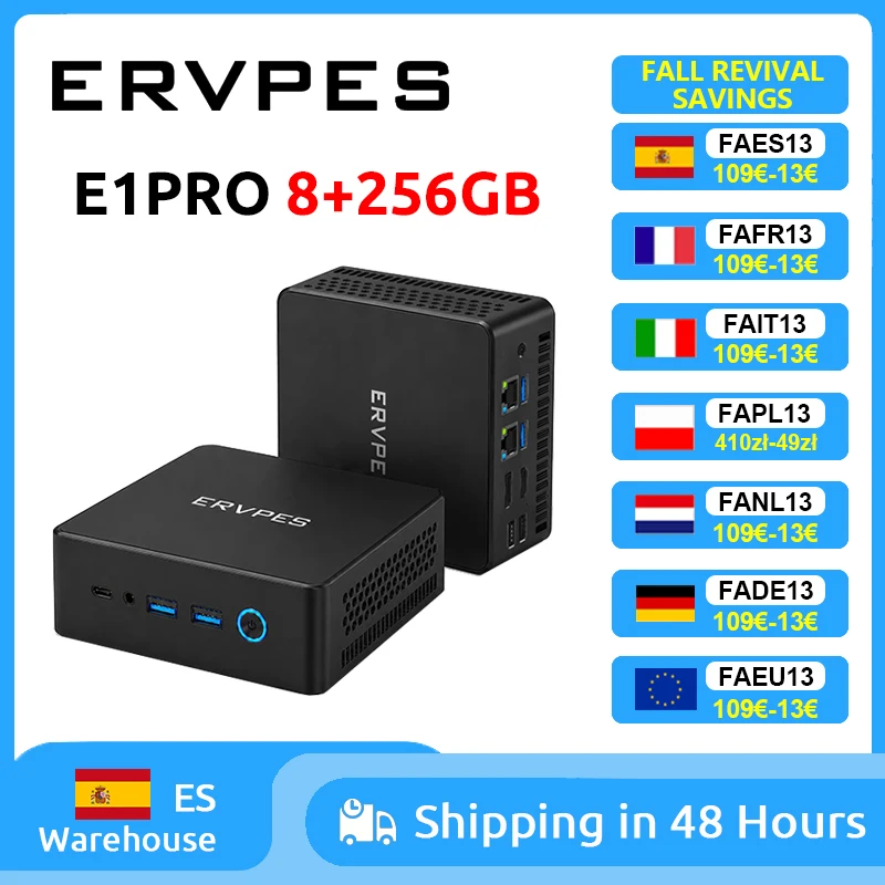 ERVPES E1PRO Mini-PC 8GB LPDDR4 256GB SSD Intel N4505 Windows 11 Pro Dual-Band WLAN BT5.0 Büro-Desktop-Mini-Computer