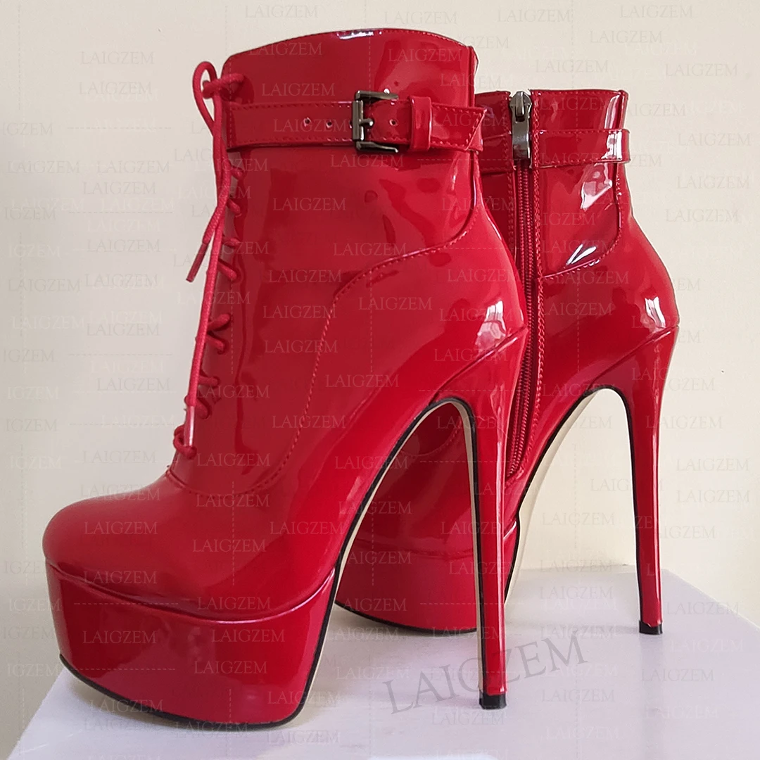 LAIGZEM Damen-Stiefeletten, glänzend, seitlicher Reißverschluss, dünne High Heels, kurze Stiefeletten, Kunstleder, Damenschuhe, Damen, große Größe 41, 44, 46 52